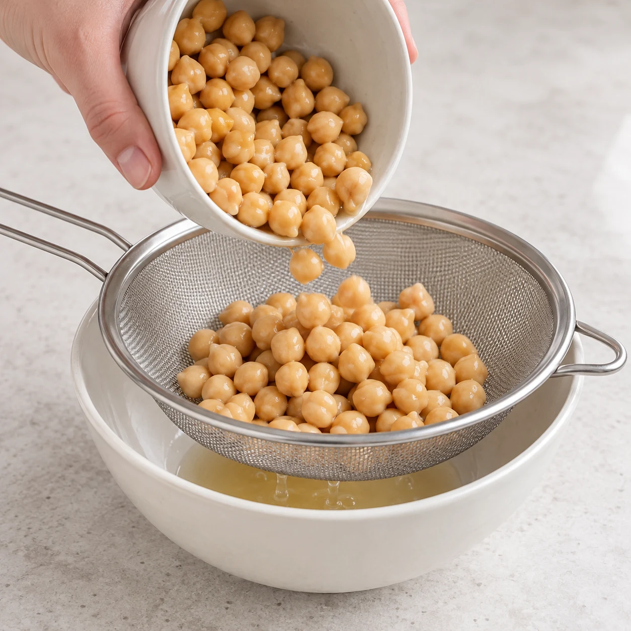 Égoutte les pois chiches en conserve dans une passoire et réserve 100 g de pois chiches égouttés pour la tartine. Photographie carrée de cuisine, ingrédients végétaux finaux seulement, mains adultes anonymes si nécessaires, aucun texte ni visage.