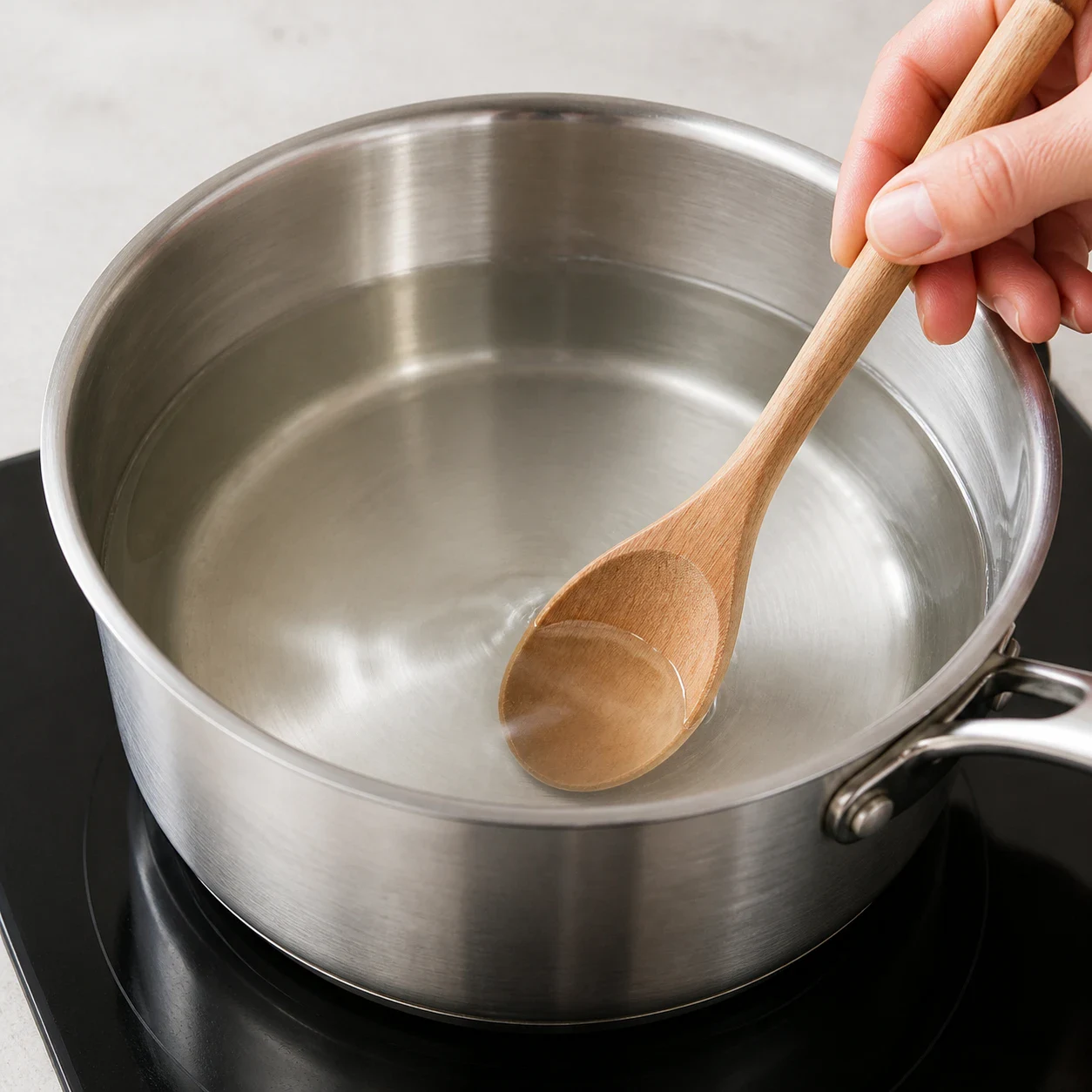 Casserole en inox sur une plaque de cuisson contenant une saumure claire de vinaigre blanc, d'eau, de sucre de canne et de sel de mer en train de chauffer doucement, une main d'adulte remuant avec une cuillère en bois, aucune ébullition, aucun oignon, aucun texte, aucune marque.