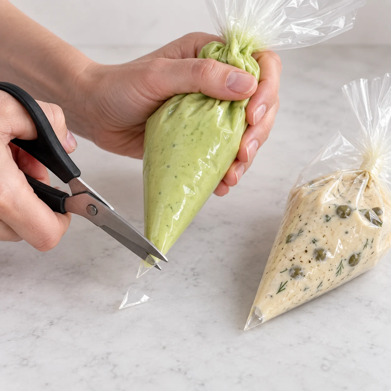 Des ciseaux coupent un coin d’un sac de crème verte; second sac de houmous beige aux câpres fermé à côté.