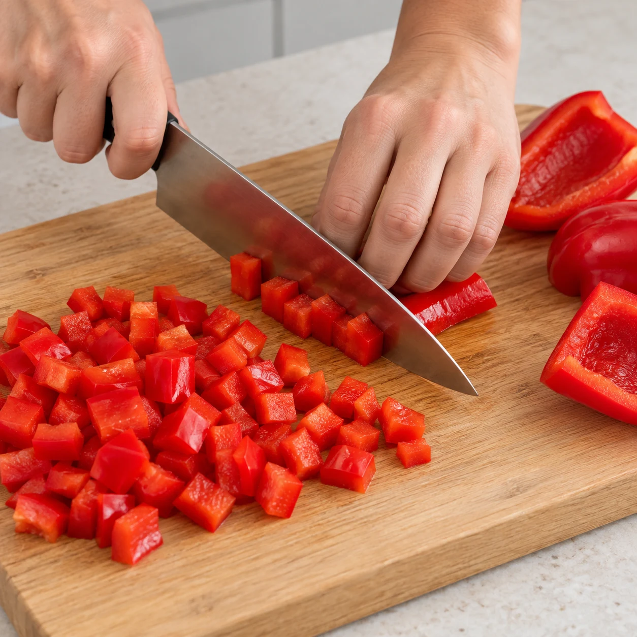 Dés de poivron rouge sur une planche, une main adulte anonyme en prise de griffe, couteau sûr.