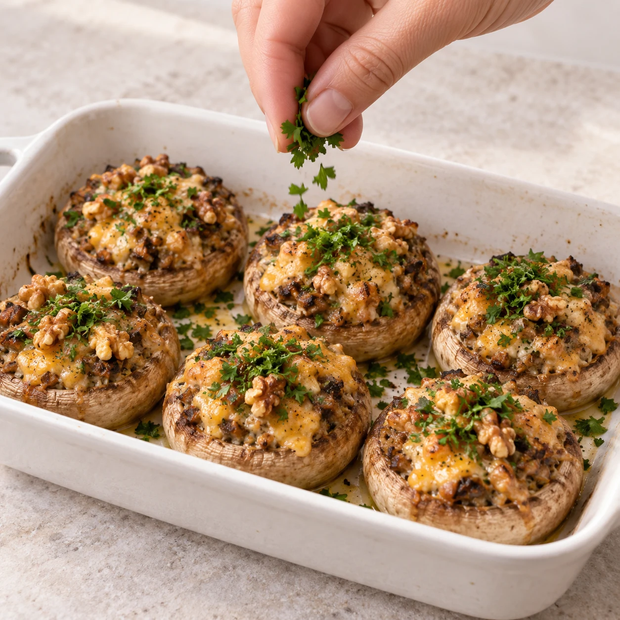 Six champignons blancs farcis cuits, petits morceaux de noix, fromage végétal orange pâle fondu et persil frais.