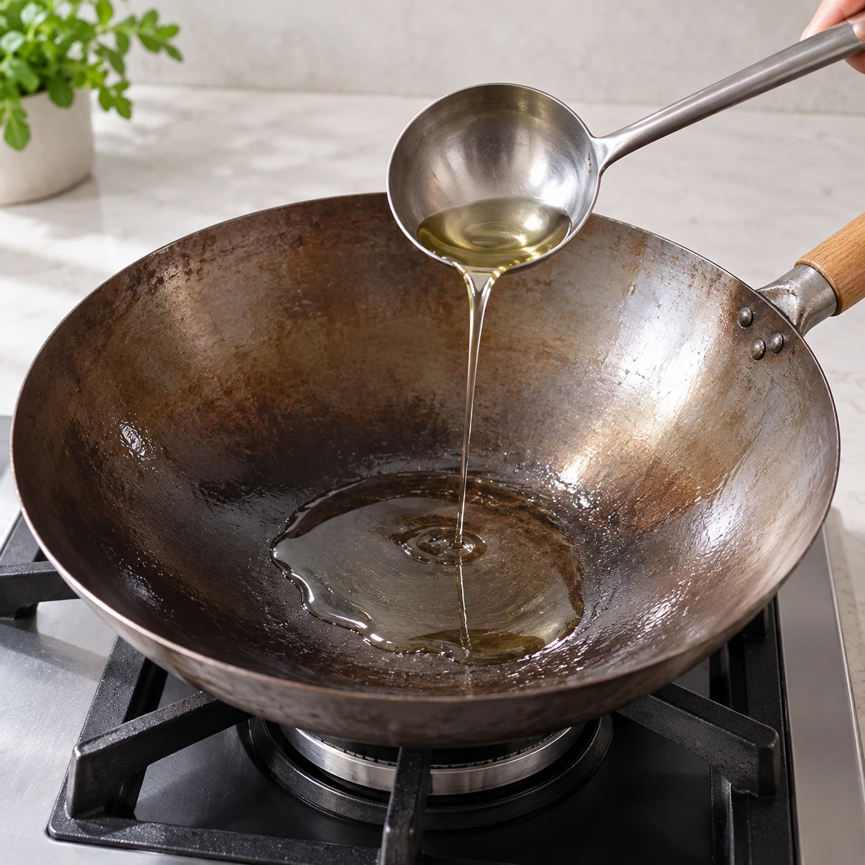 Ajouter l’huile de cuisson — Une petite quantité d’huile couvre le fond du wok.