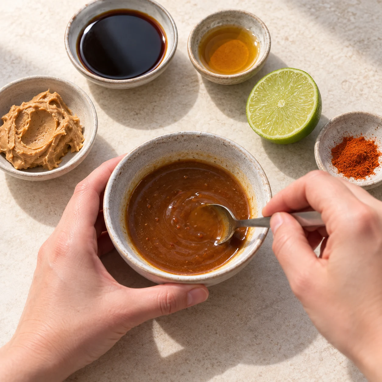Une seule action : Mélanger la sauce. La sauce est mélangée et ne présente plus de grosse masse de beurre de cacahuète séparée. Seulement Beurre de cacahuète non sucré, Sauce soja sucrée, Huile de sésame, Citron vert à presser, Piment de Cayenne moulu. Toute enveloppe est de la laitue verte opaque. Supprimer toute feuille de riz et toute crevette de la capture de référence. Le geste vient de l’adaptation explicitement documentée, pas du geste filmé.