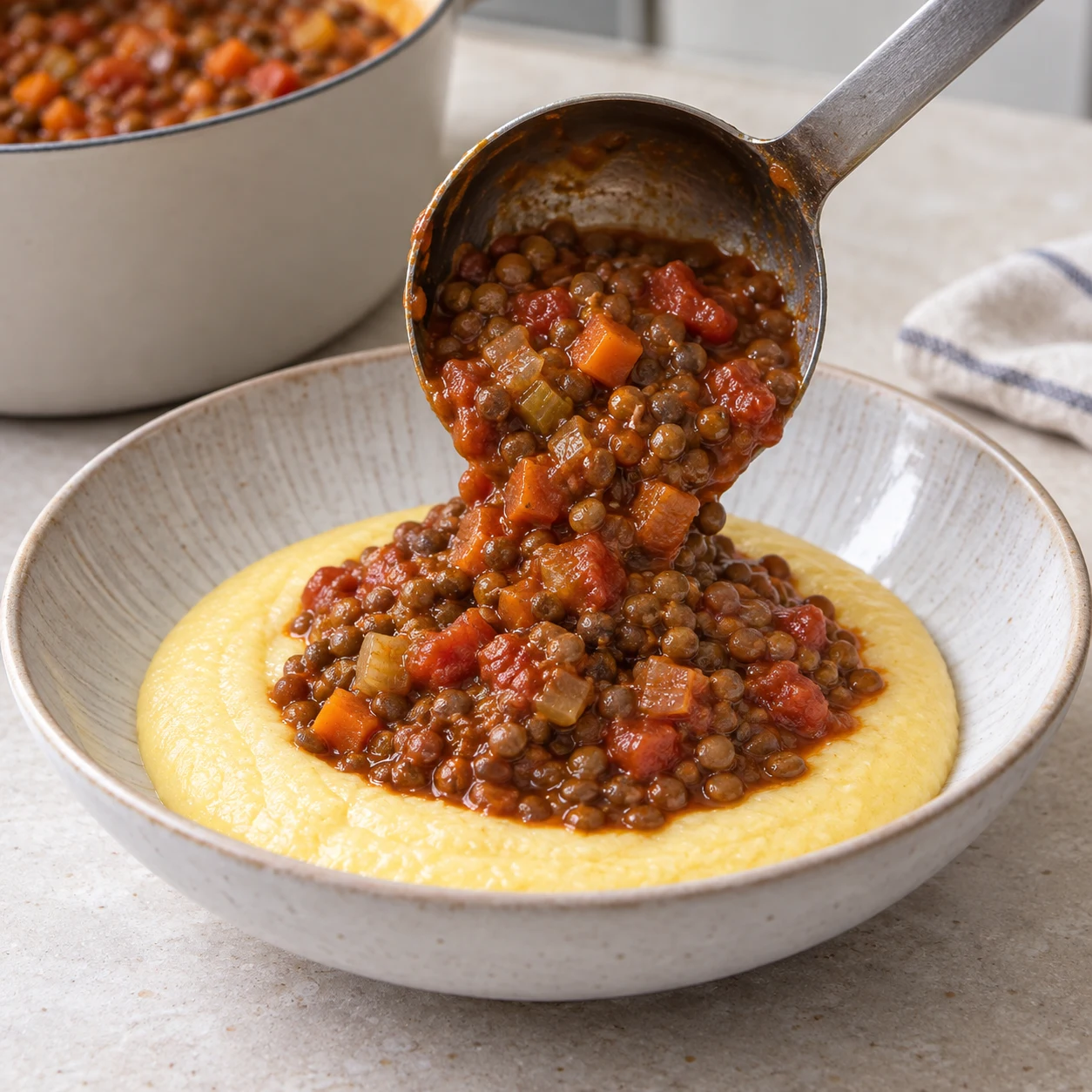 Louche déposant un ragoût de lentilles vertes à la tomate sur un lit de polenta crémeuse.