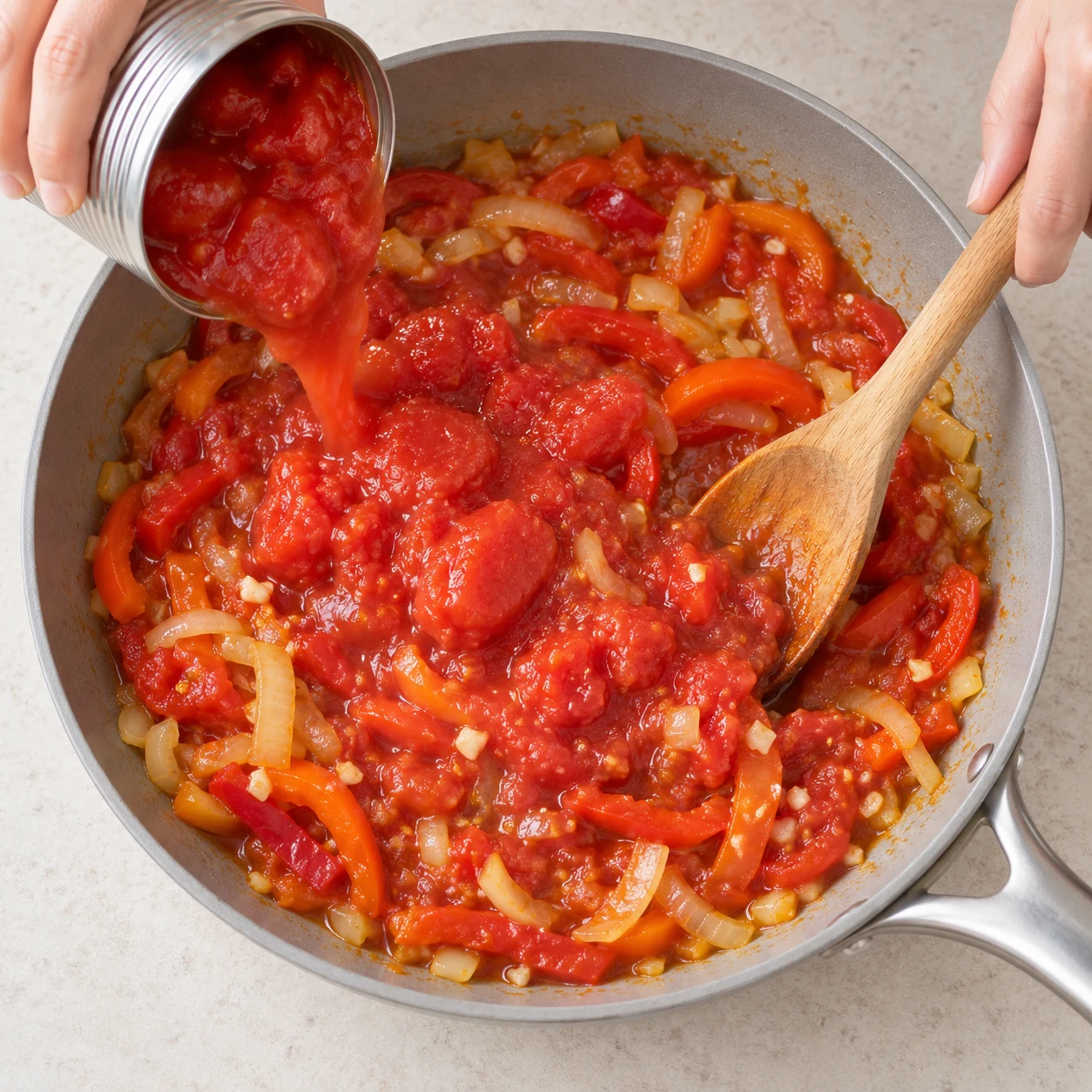 Une seule photo de l’action « Ajouter les tomates », les tomates et leur jus sont mélangés aux légumes.
