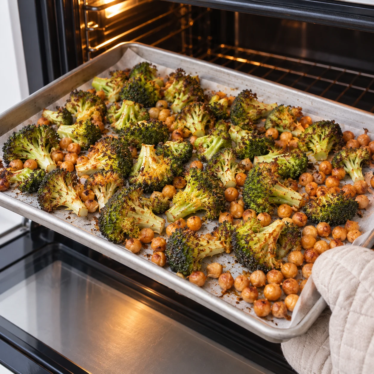 Plaque de brocoli et pois chiches rôtis au four, main avec gant sort la plaque, pas de sauce ni garniture.