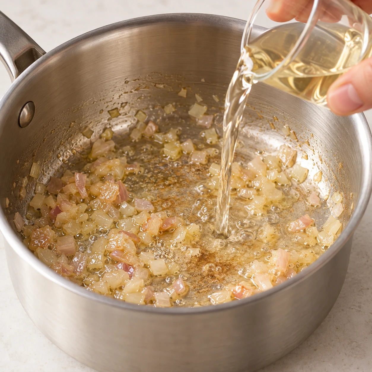 Versement de vin blanc sur l’échalote dans la casserole.