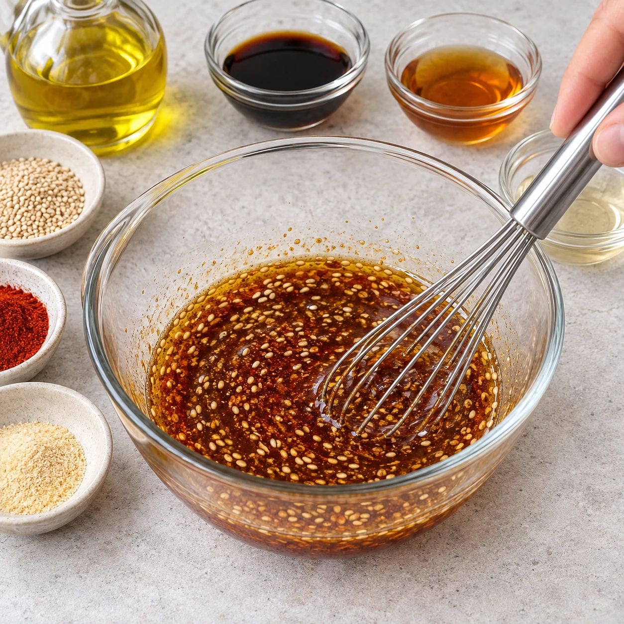 Marinade fluide huile olive, vinaigre, sauce soja, sirop érable, ail en poudre, paprika fumé et graines de sésame mélangée dans un bol en verre. Aucun miso ni flocons de piment.