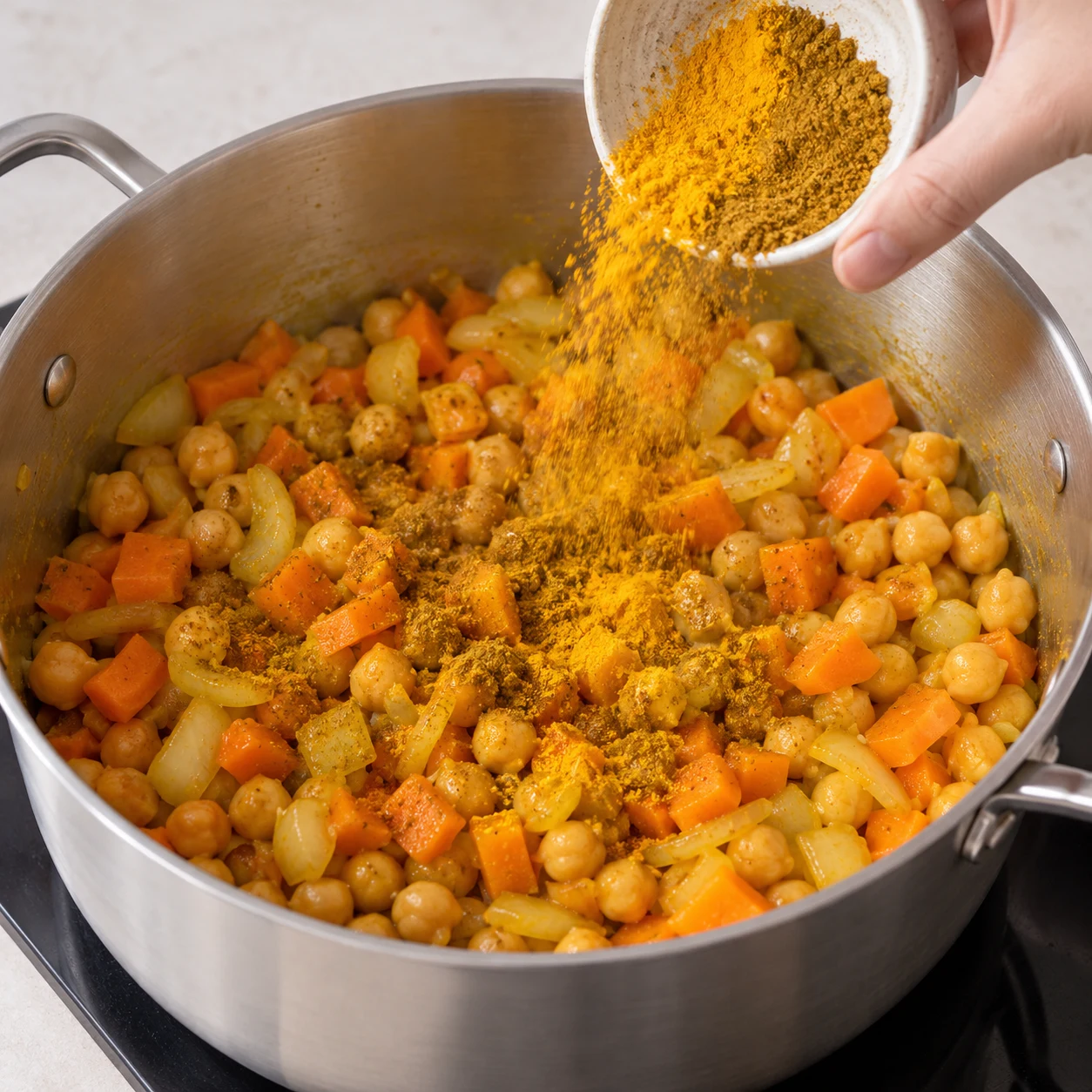 Saupoudrage de curry et curcuma sur carotte oignon pois chiches ; mélange jaune, aucune lentille encore.