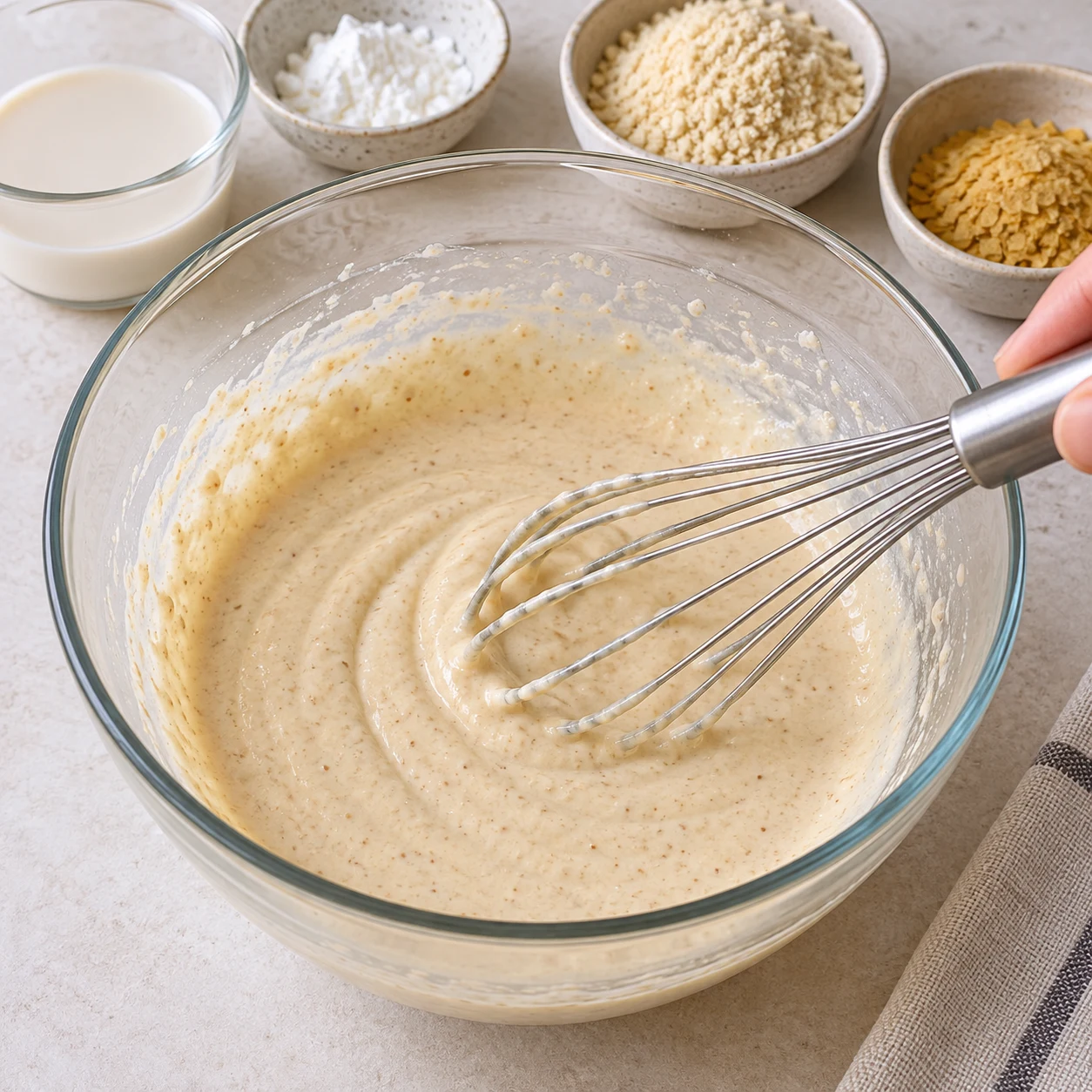 Fouet dans saladier contenant petite quantité de sauce beige crème avec fines particules d’amande et levure, aucune trace de jaune d’œuf.