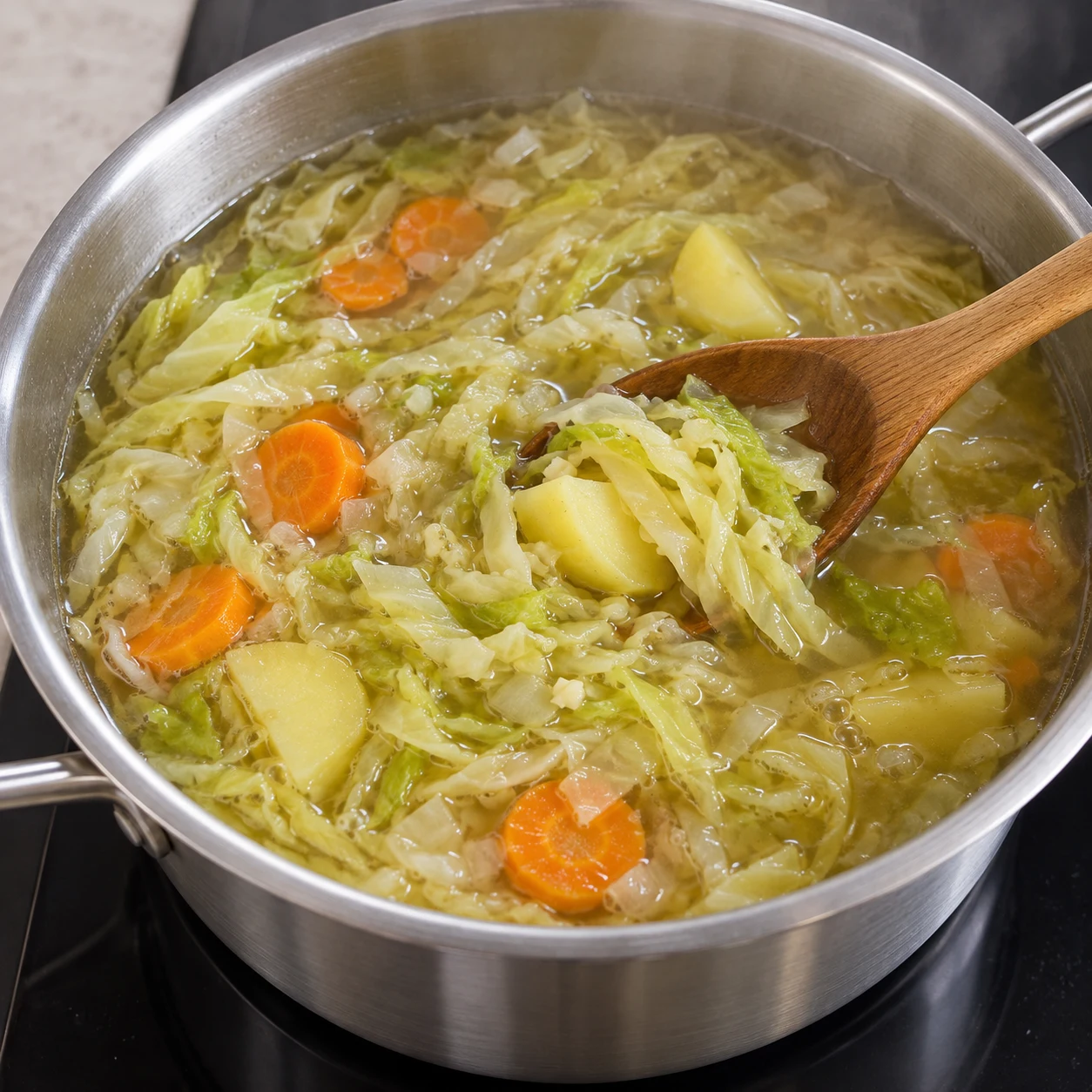 Soupe de fines lanières lisses de chou blanc avec carotte et demi-lunes de pommes de terre ; sans saucisse avant la dernière étape.