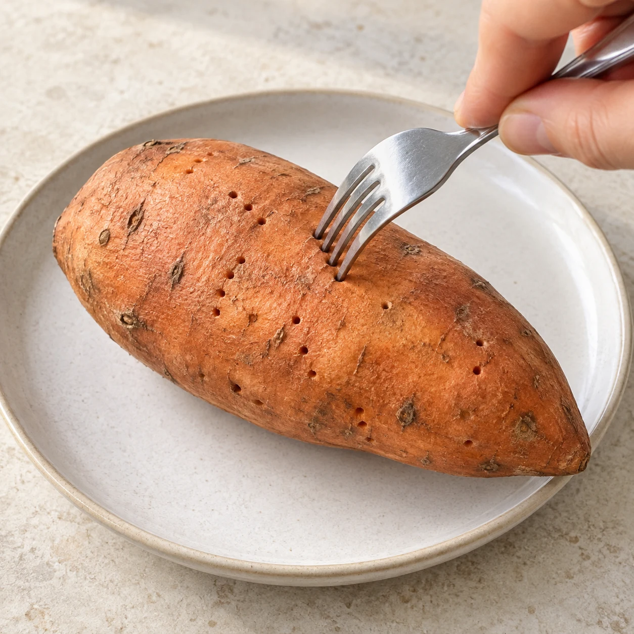Fourchette piquant la peau de la patate douce dans une assiette neutre.