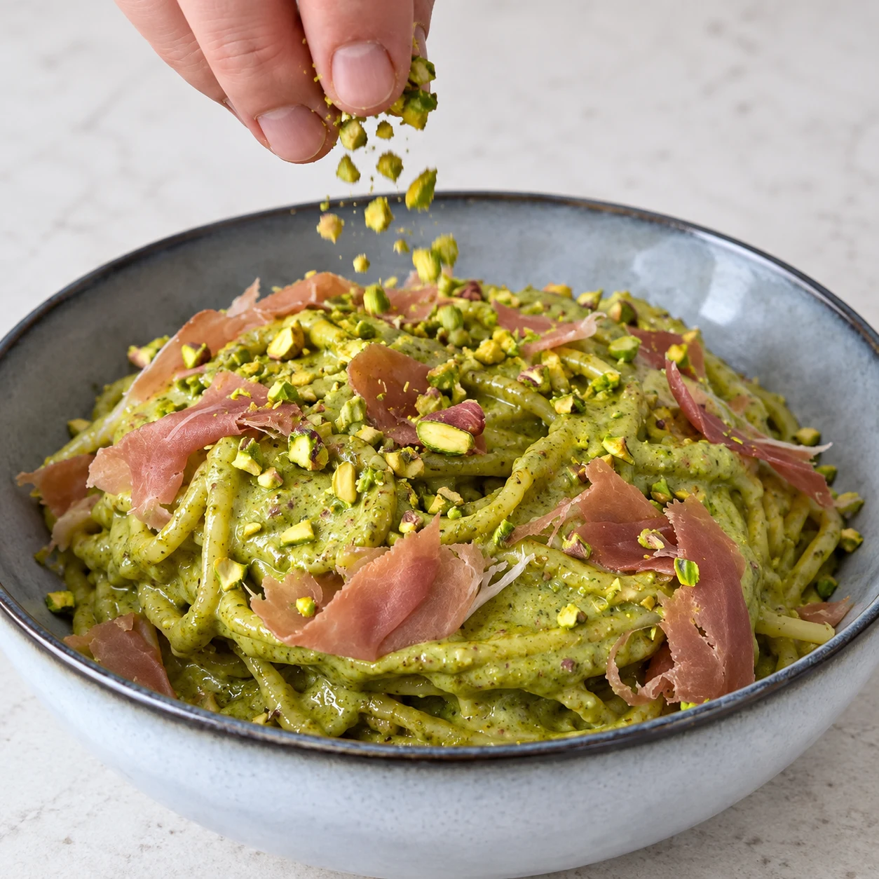 Mains anonymes parsemant des éclats verts de pistaches sur les spaghetti et les copeaux végétaux, sans crème blanche.