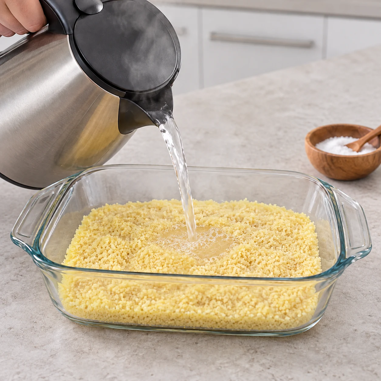 Eau chaude versée sur semoule jaune pâle dans un plat en verre, grains seuls.