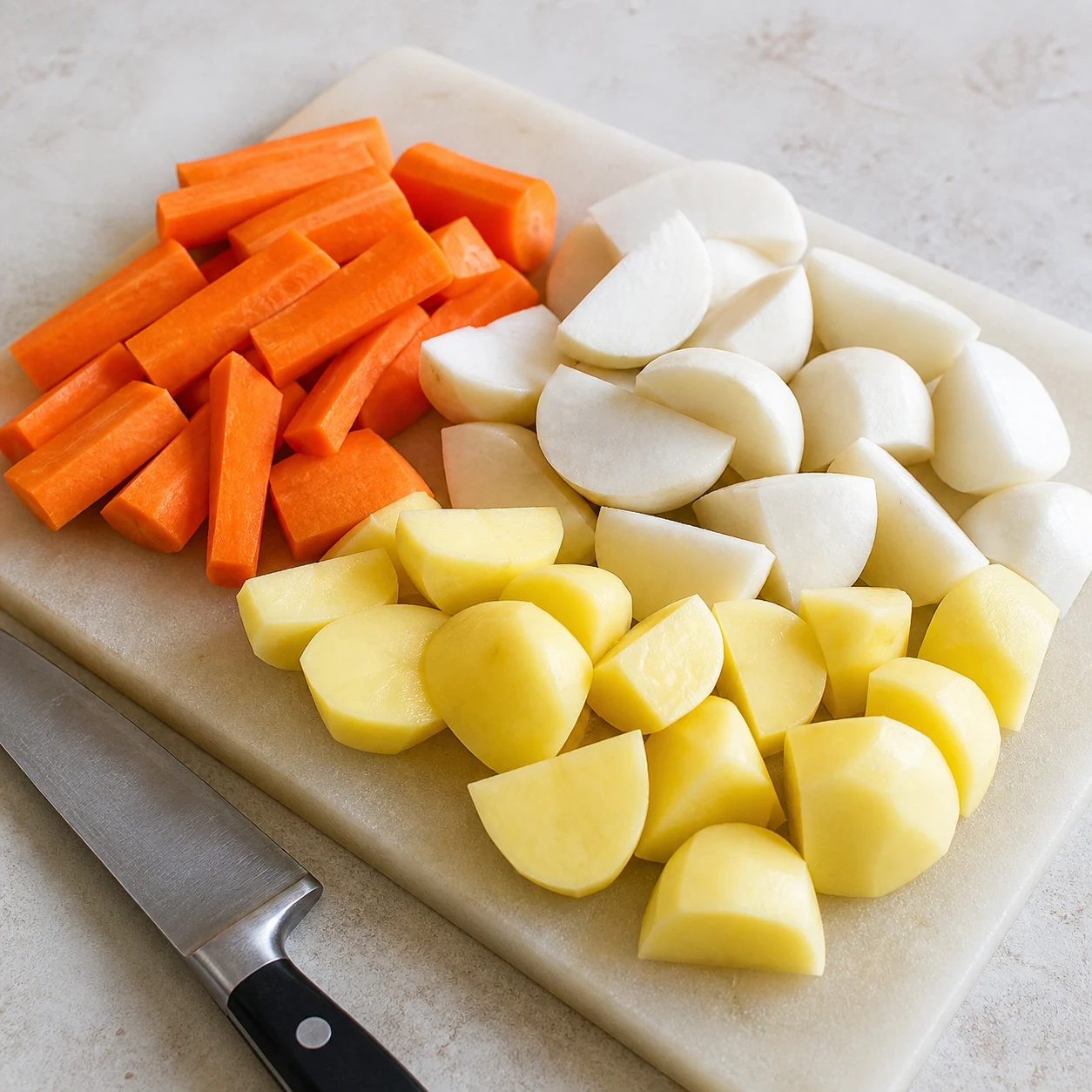 Planche de cuisine avec carottes en tronçons, navets en quartiers et pommes de terre en morceaux réguliers, couteau posé en sécurité.