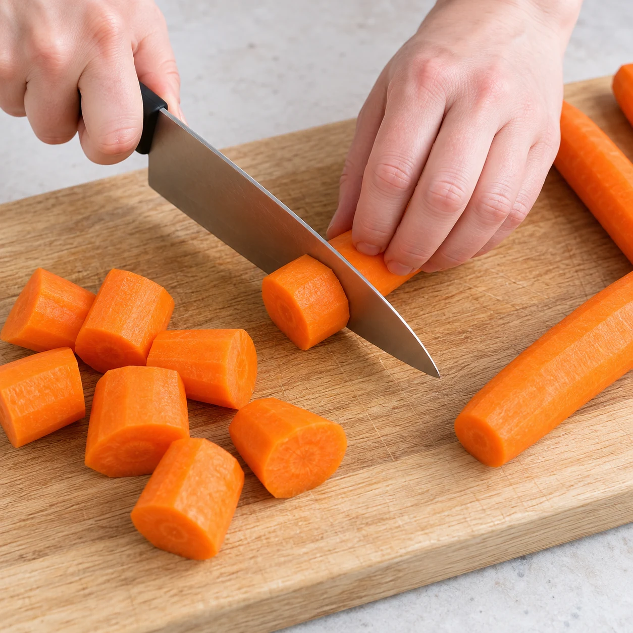 Découpe en gros tronçons de carottes pelées, couteau sûr et prise en griffe.