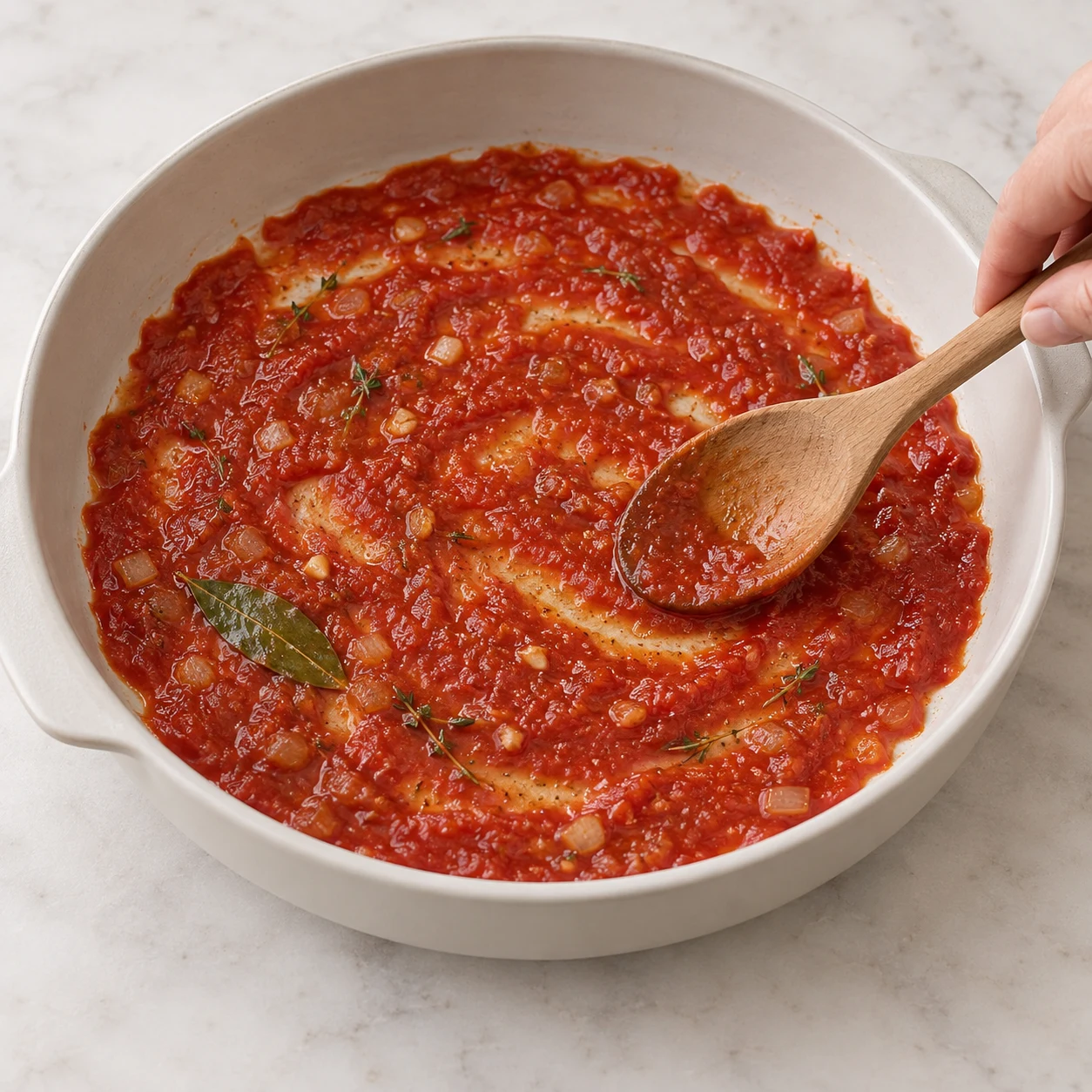 Étaler le fond de sauce : Une fine couche de sauce couvre le fond du plat. Une seule phase culinaire, plan de travail pierre pâle, lumière naturelle, aucun texte.