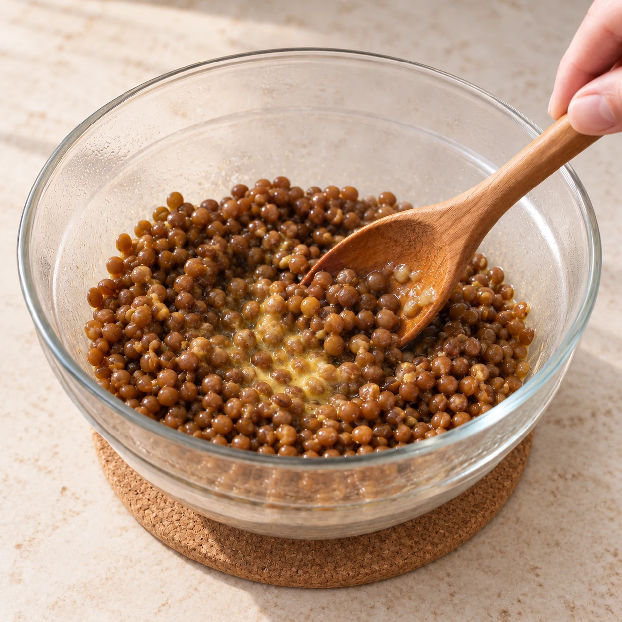 Lentilles brunes égouttées dans un saladier en verre chauffé doucement, avec une petite quantité de margarine végétale jaune fondante : aucun morceau blanc de coco et aucun bain de graisse.