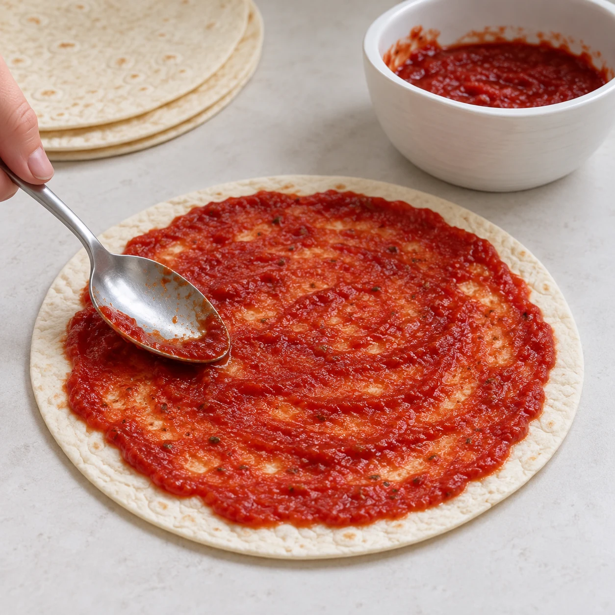 La sauce forme une couche fine sur la tortilla.