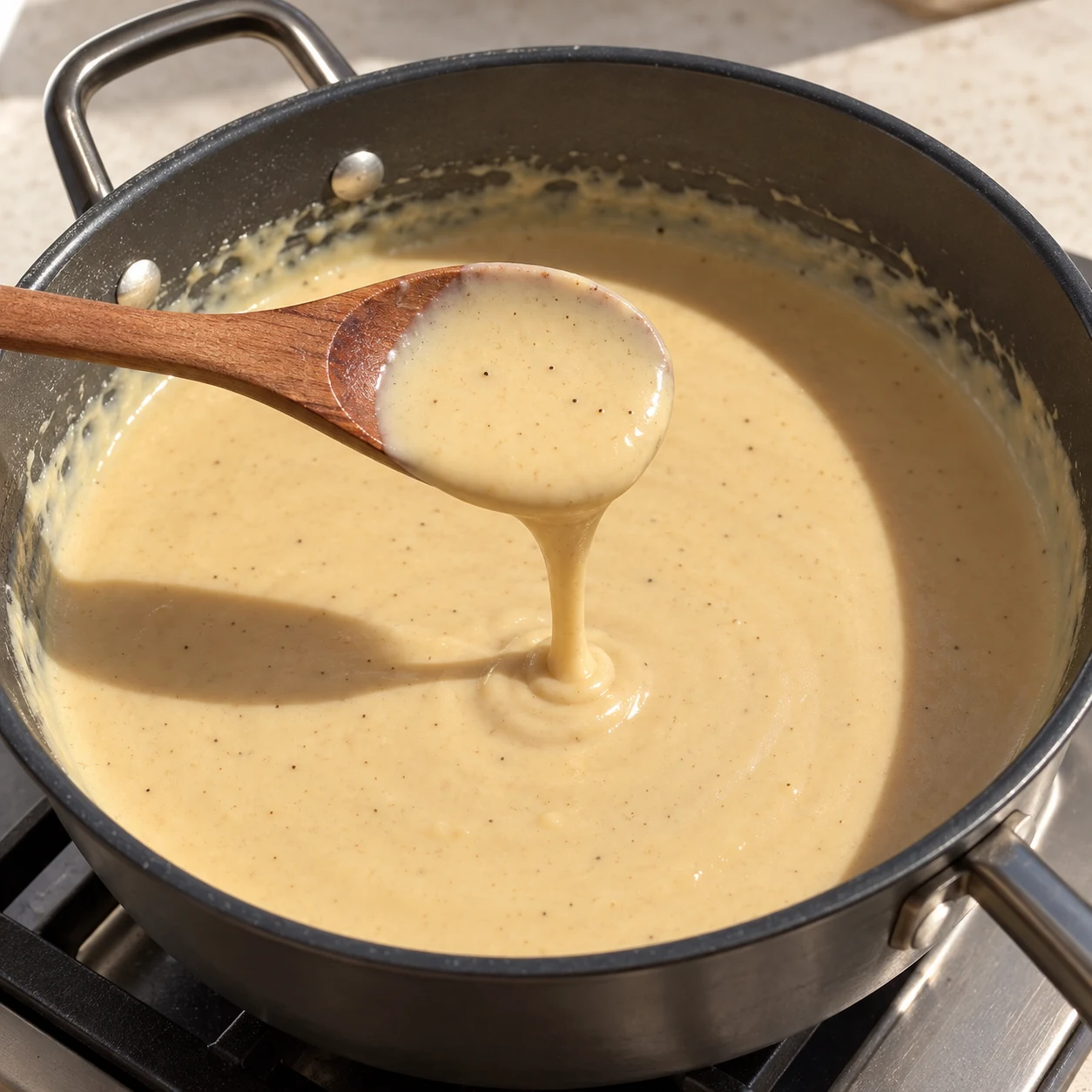 La sauce beige et lisse nappe la cuillère ; aucun ingrédient nouveau.