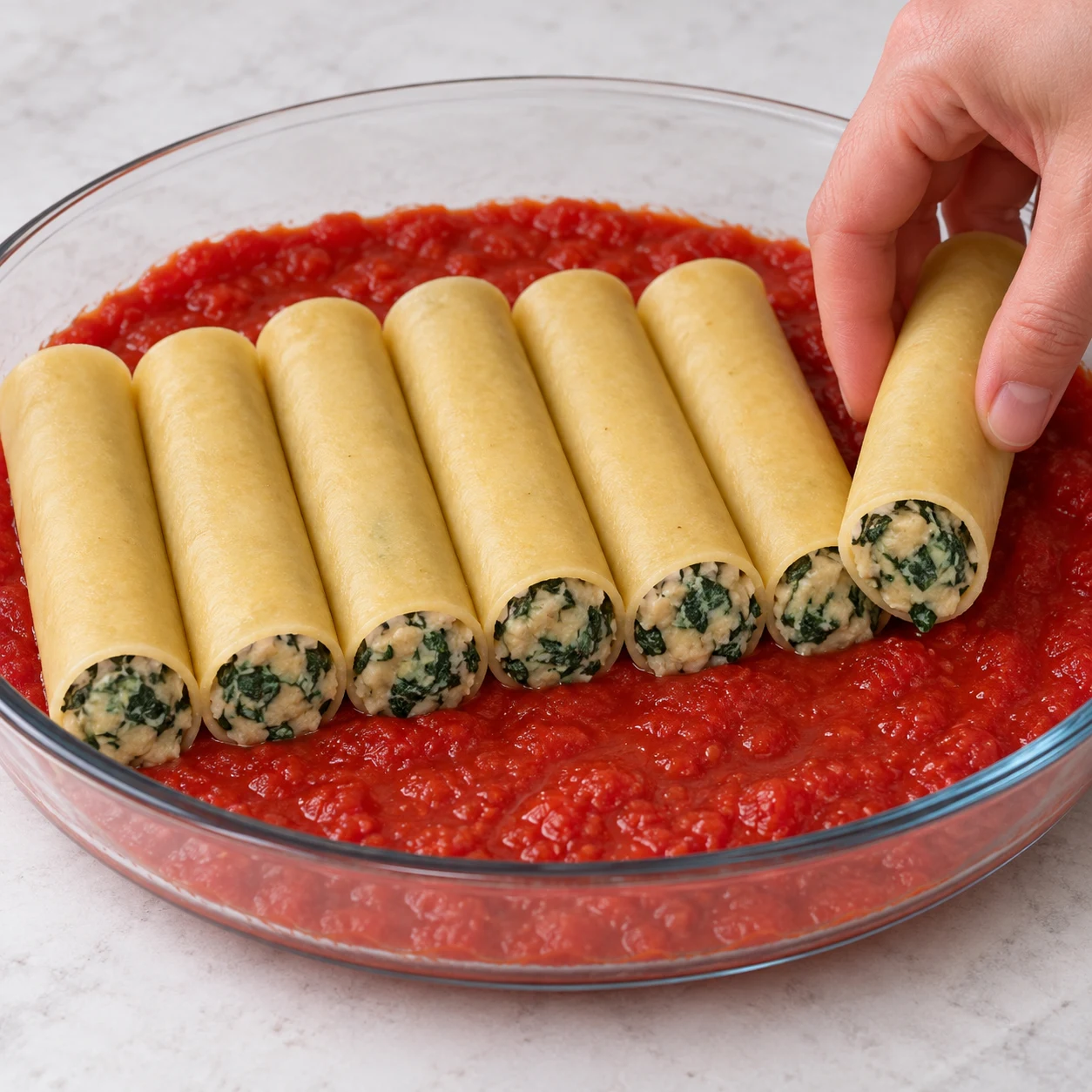 Tubes de cannelloni remplis de farce beige claire et verte, côte à côte sur la pulpe de tomates rouge.