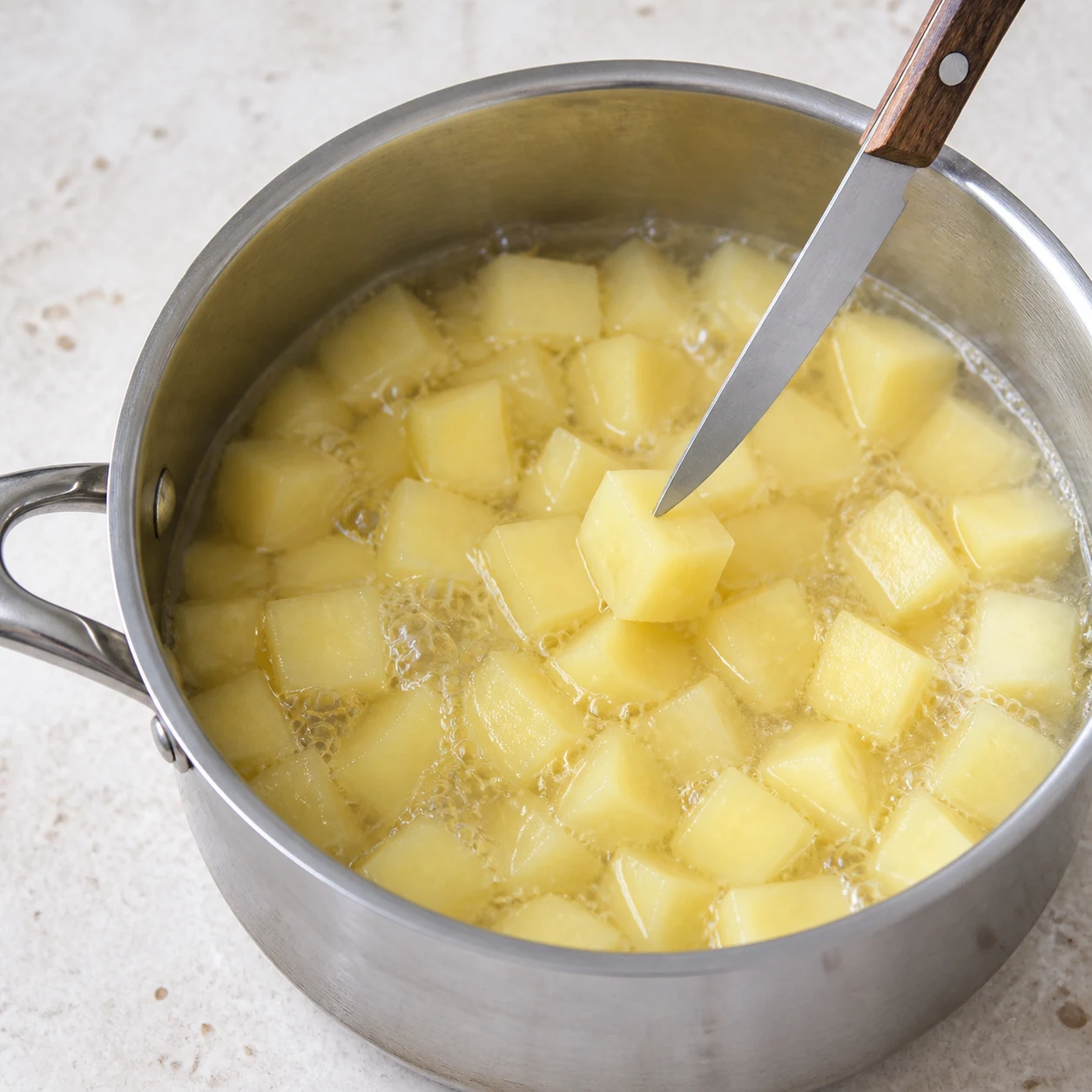 Casserole de poireaux et pommes de terre très tendres dans un bouillon léger à petits frémissements.