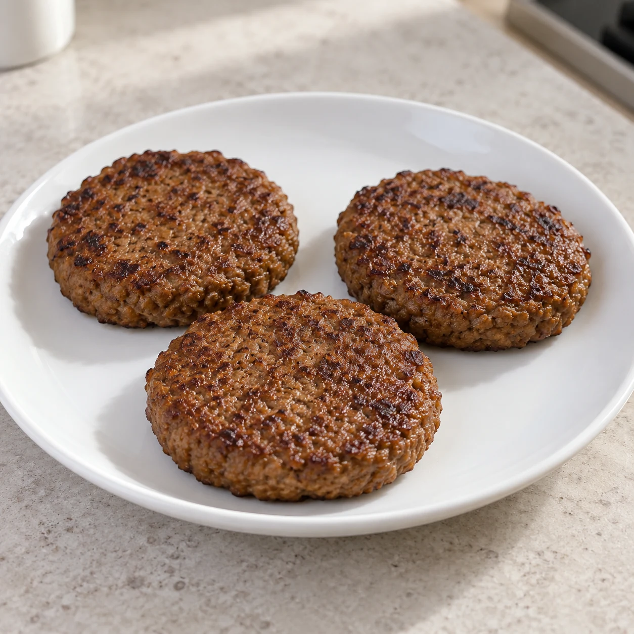 Trois steaks végétaux bruns cuits sur une assiette blanche, sans garniture.