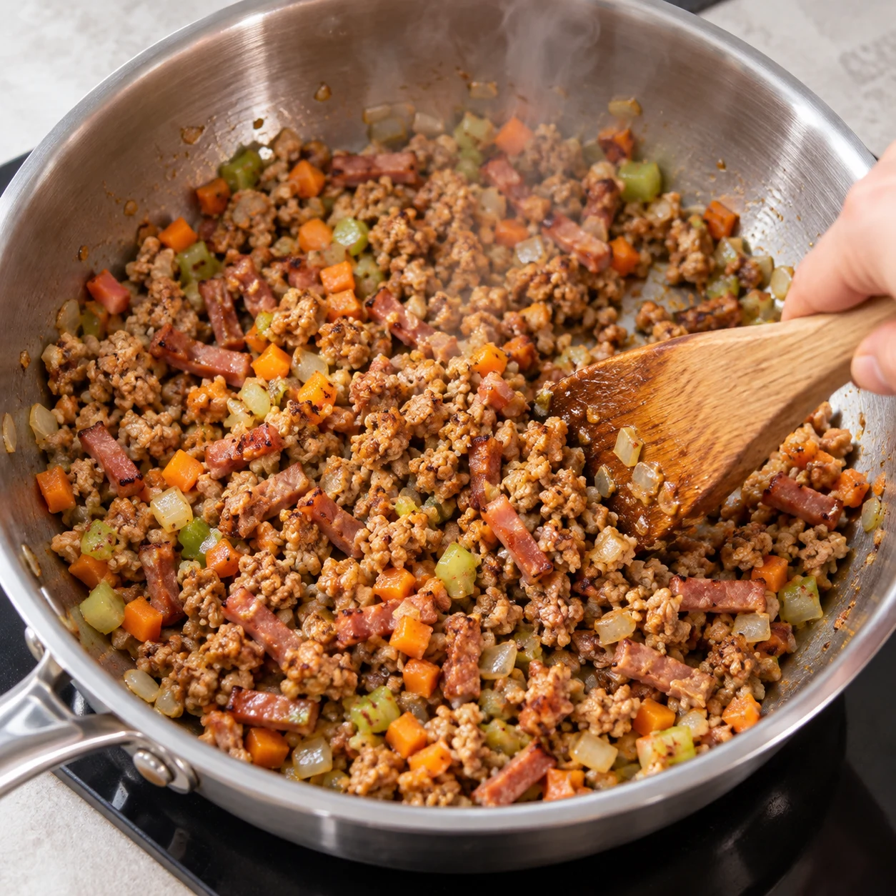 Haché soja brun et lardons végétaux brunissants mélangés au sofritto ; aucun morceau de viande.
