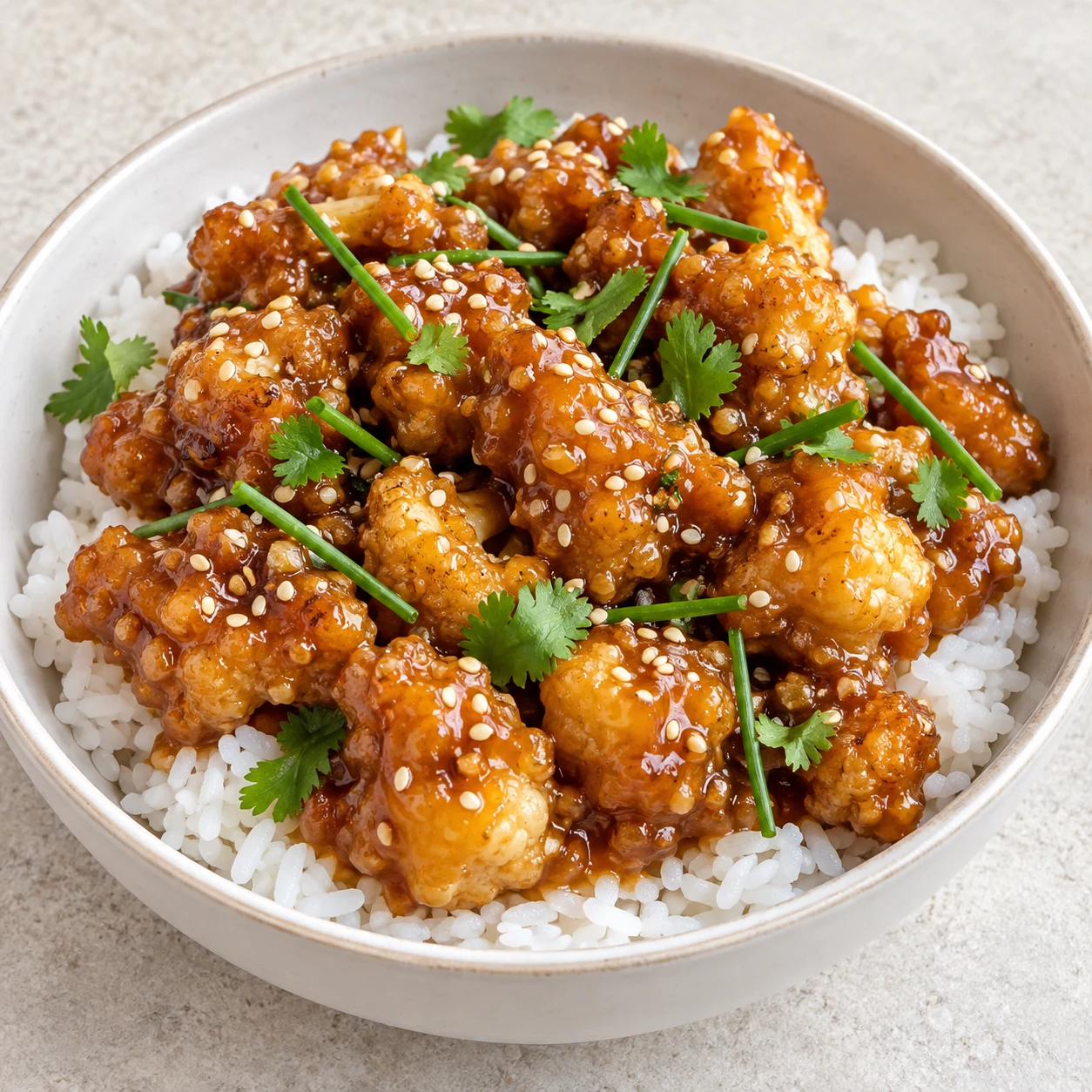 Bol neutre de riz blanc cuit et chou-fleur nappé, petites graines de sésame et feuilles de coriandre, fines tiges de ciboulette. Le piment moulu est intégré à la sauce, aucun flocon rouge en garniture.