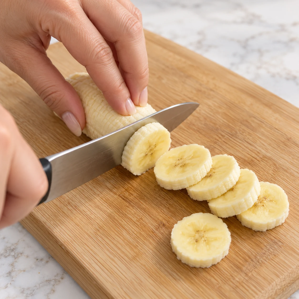 Découpe sûre d’une demi-banane en rondelles sur planche, lame et main lisibles.