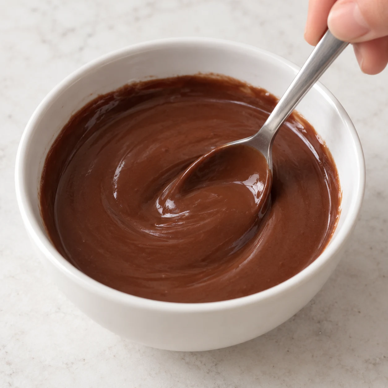 Une cuillère mélange uniquement le chocolat noir et le lait de coco en sauce brune lisse dans un petit bol.