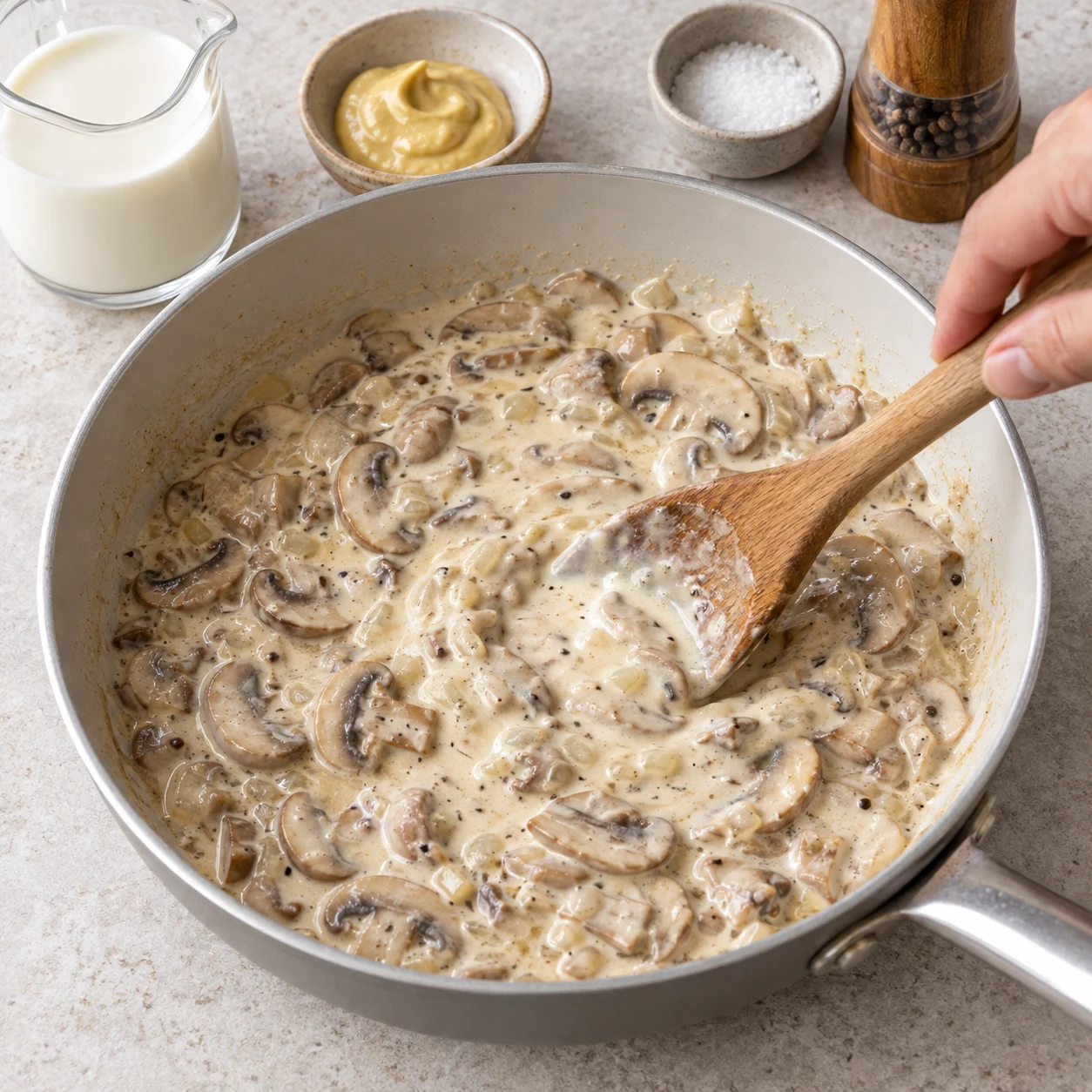 Cuillère mélangeant crème de soja et moutarde aux champignons.