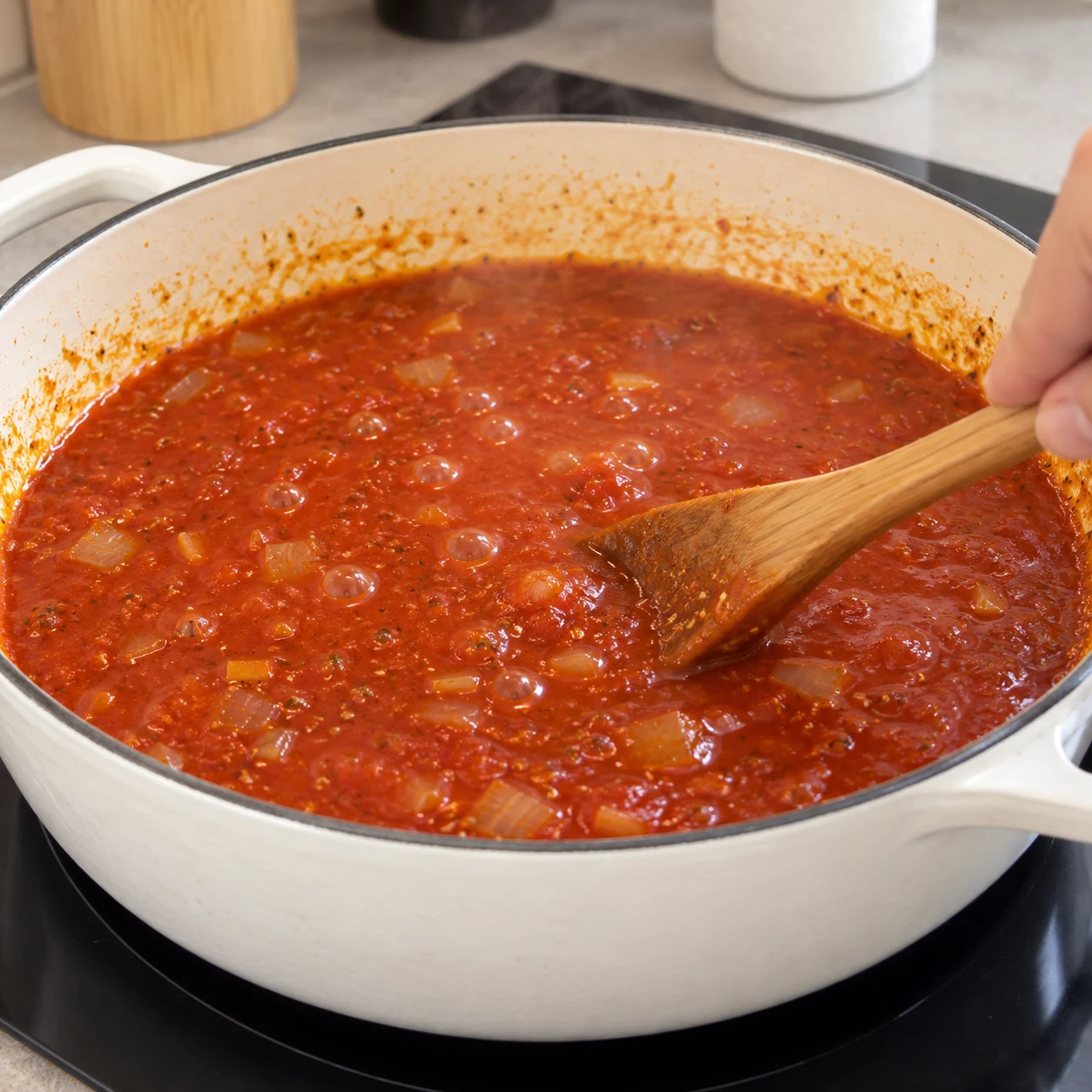 Sauce rouge qui frémit dans le faitout clair.