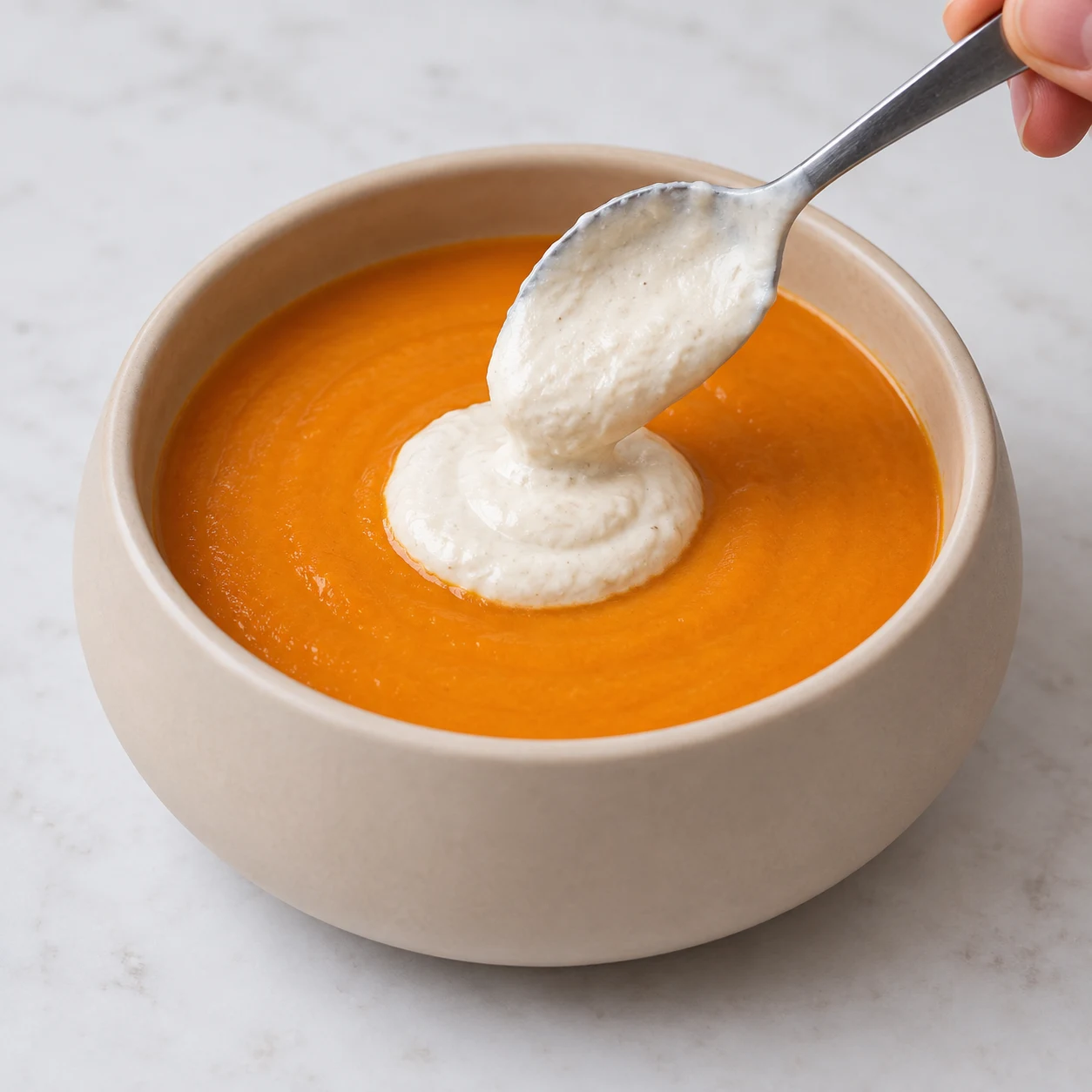 Déposer la crème végétale : La crème blanche reste visible au centre de la soupe.