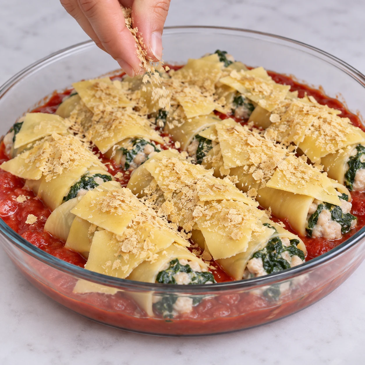 Fines paillettes beiges sur le plat avant cuisson.