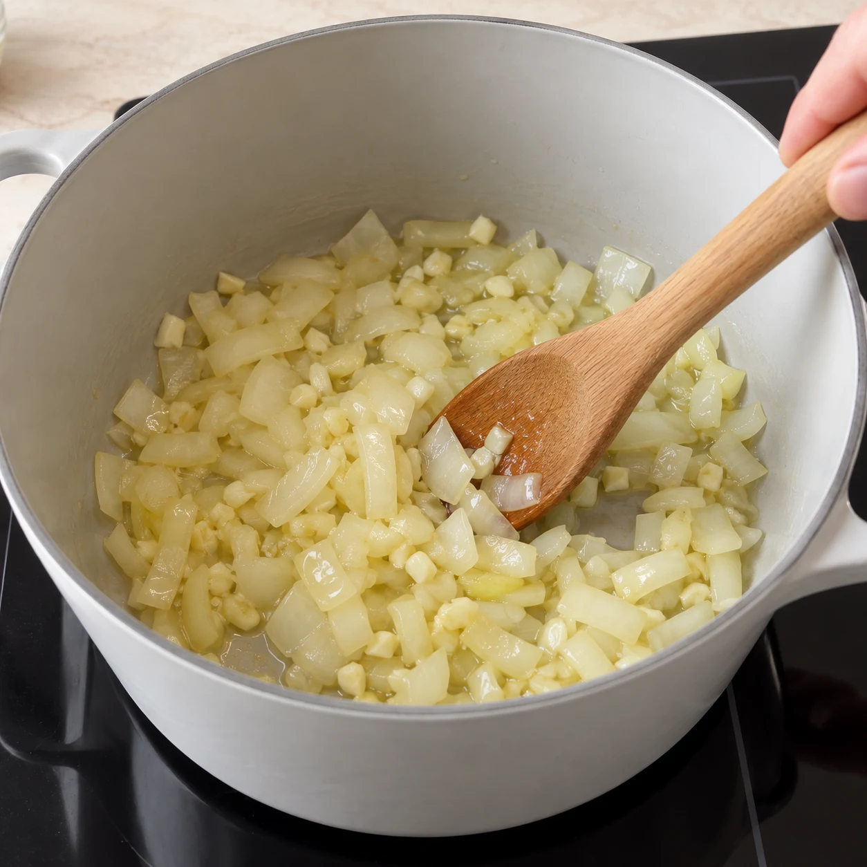 Oignon et ail dans une cocotte claire avec un fond d’huile, remués à la cuillère.