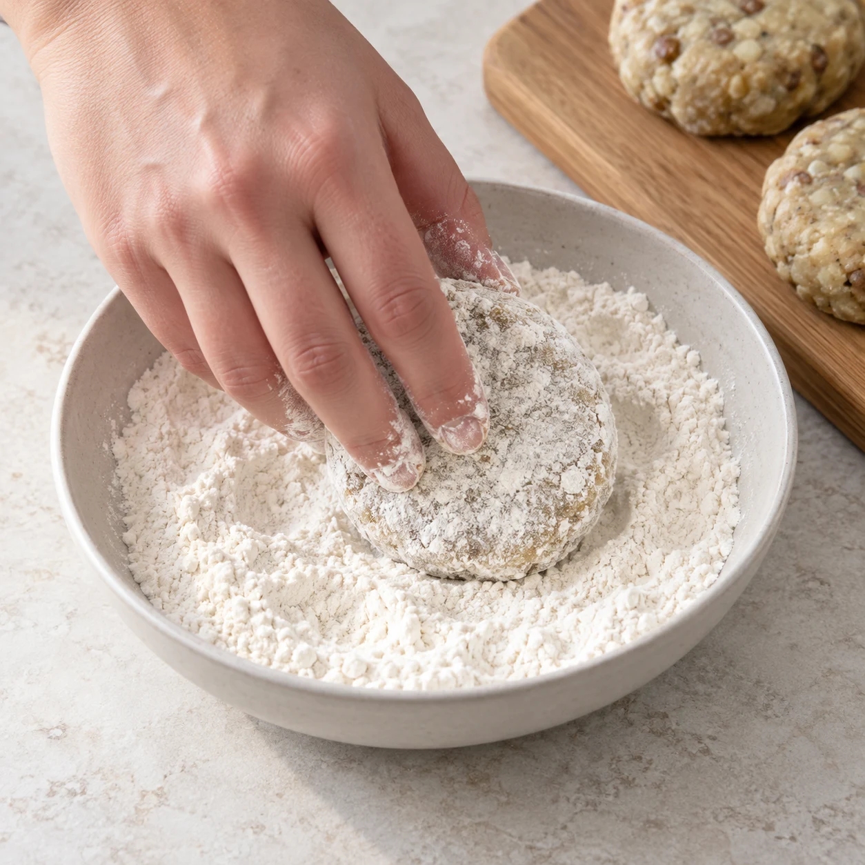 Fariner les croquettes : montrer uniquement cette phase, avec les ingrédients véganes de la liste et des mains adultes anonymes si nécessaires.