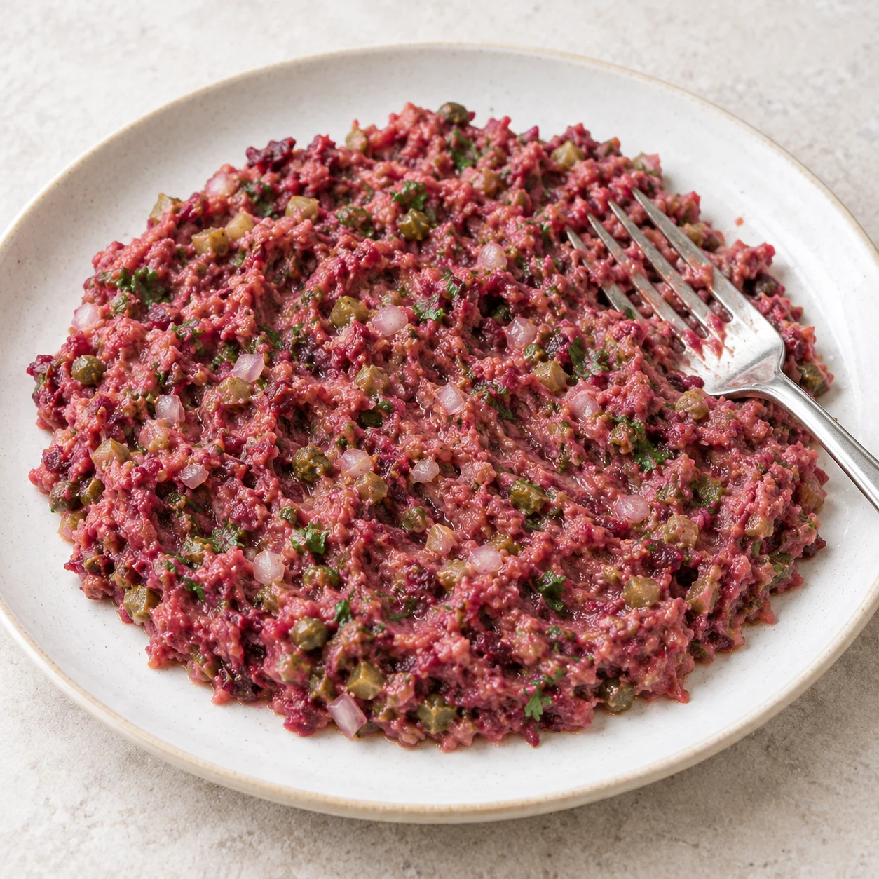 Mélanger avant de déguster : La sauce et les condiments sont répartis dans le tartare.