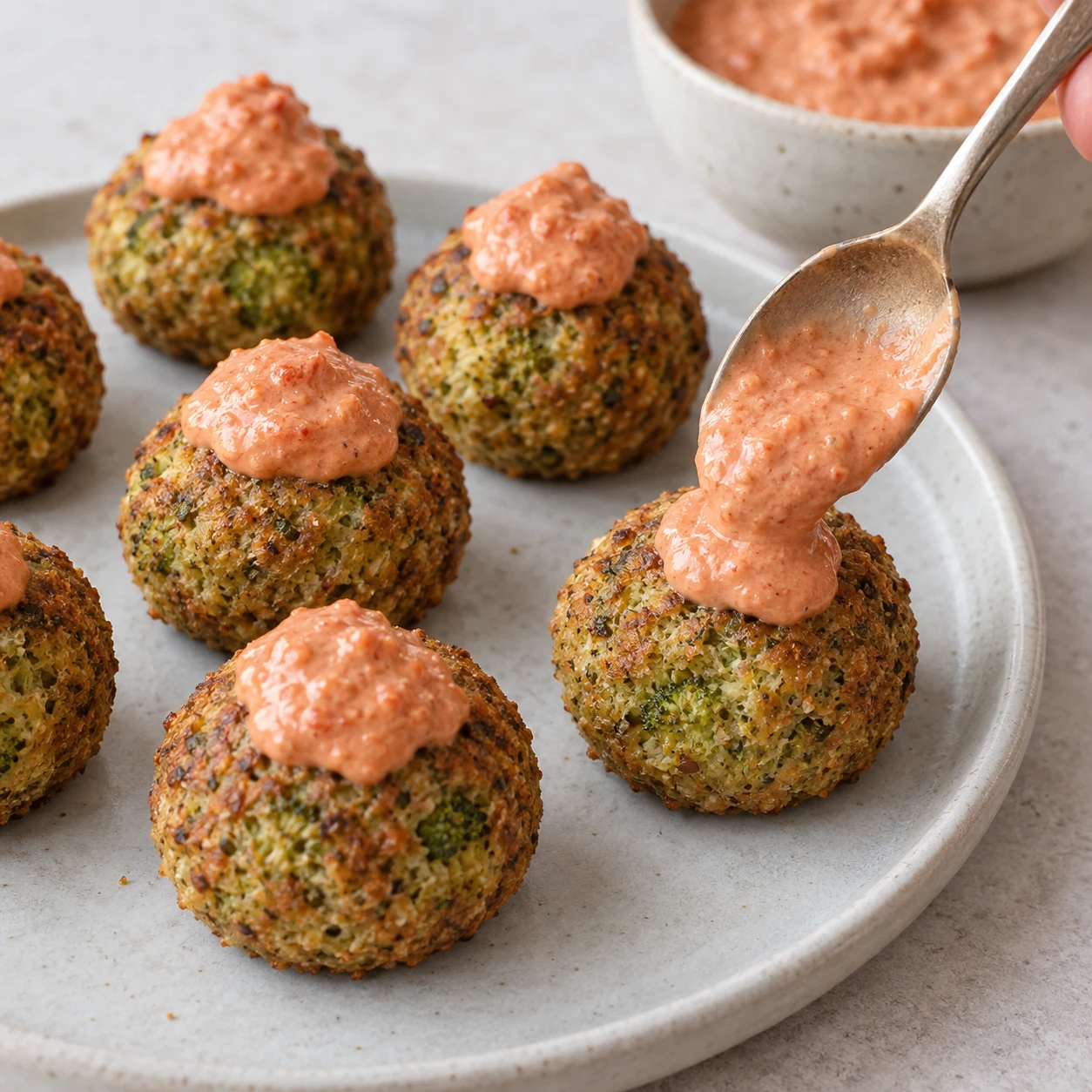 Servez les boulettes avec la crème de tomates séchées : déposez-en une petite cuillerée sur chaque bouchée ou présentez-la à côté pour tremper. Montrer uniquement cet état, sur pierre pâle et sans texte.