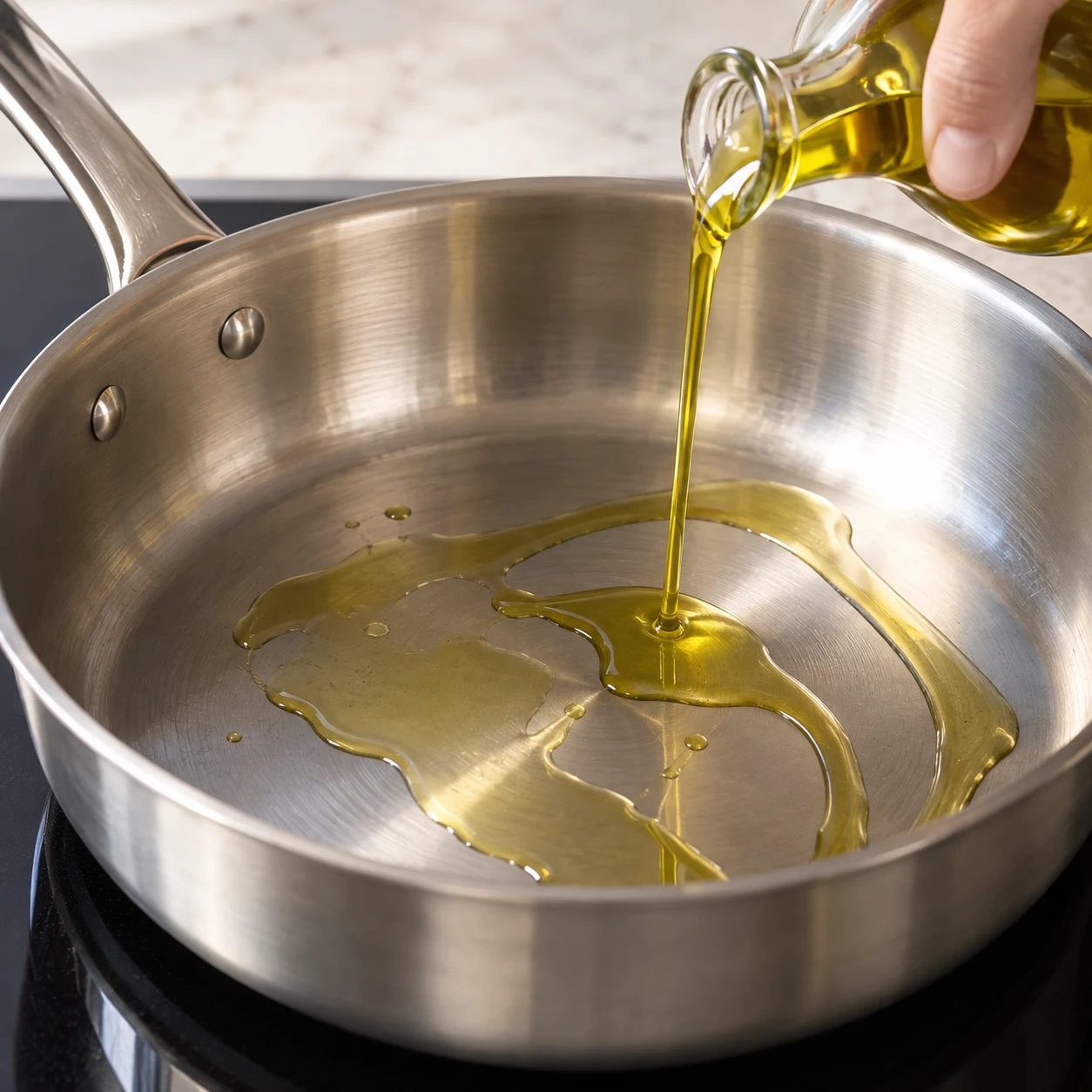 Huile d’olive versée dans une poêle inox vide et chaude.