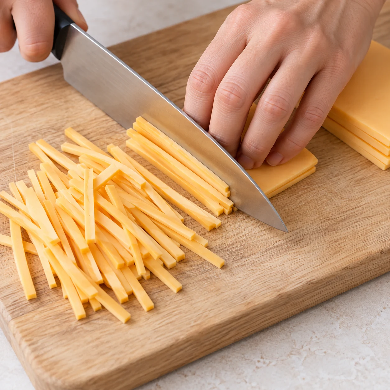 Gros plan planche pâle, tranchettes végétales couleur cheddar clair découpées en fines lanières, main anonyme en griffe sûre ; aucun autre aliment.