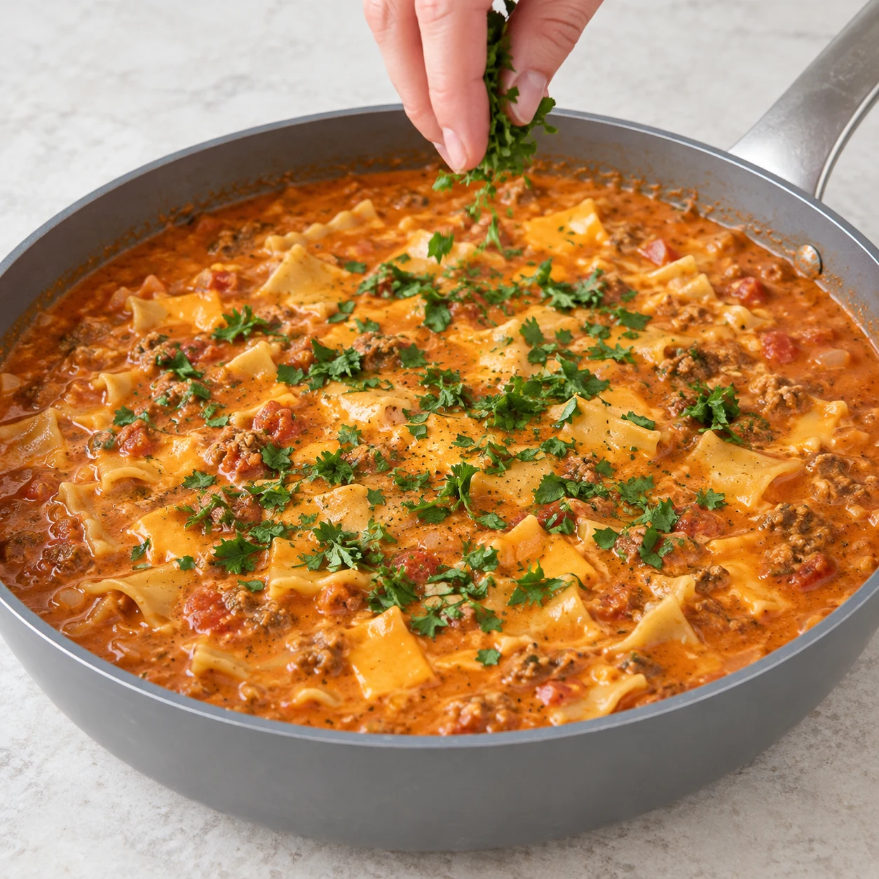Ajoute le persil ciselé à la soupe. Montrer seulement les ingrédients de cette phase ; mains anonymes, sauteuse grise et plan de travail pierre pâle.