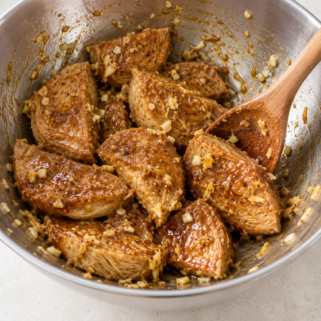 Morceaux de steak végétal beiges enrobés de marinade ail-gingembre dans un grand bol, mélangés à la cuillère.