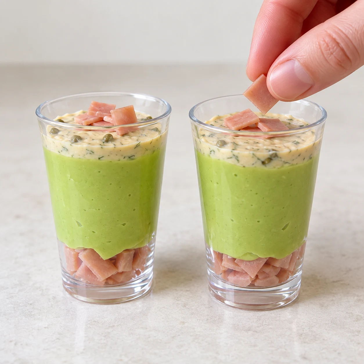 Verrines vertes et houmous beige aux câpres et à l’aneth; cuillère ajoutant une petite garniture de tranches végétales en petits morceaux.