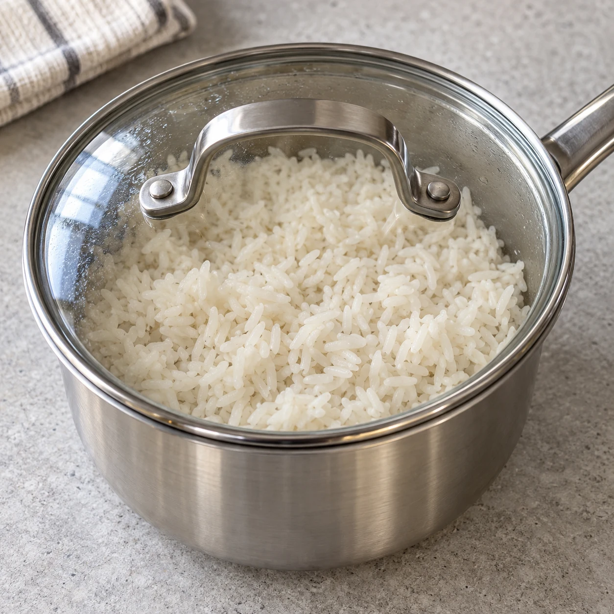 Riz blanc égoutté dans une casserole couverte, sans eau libre ni autre aliment.