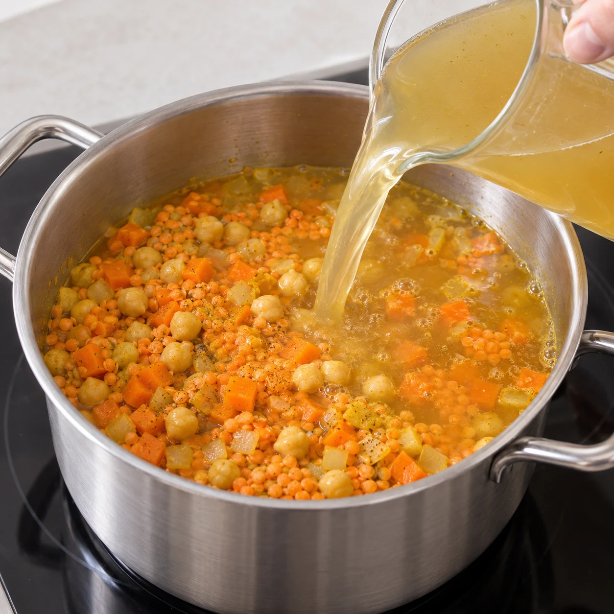 Un pichet verse du bouillon clair dans la casserole, mélange jaune carottes lentilles et pois chiches sans coco ni épinards.