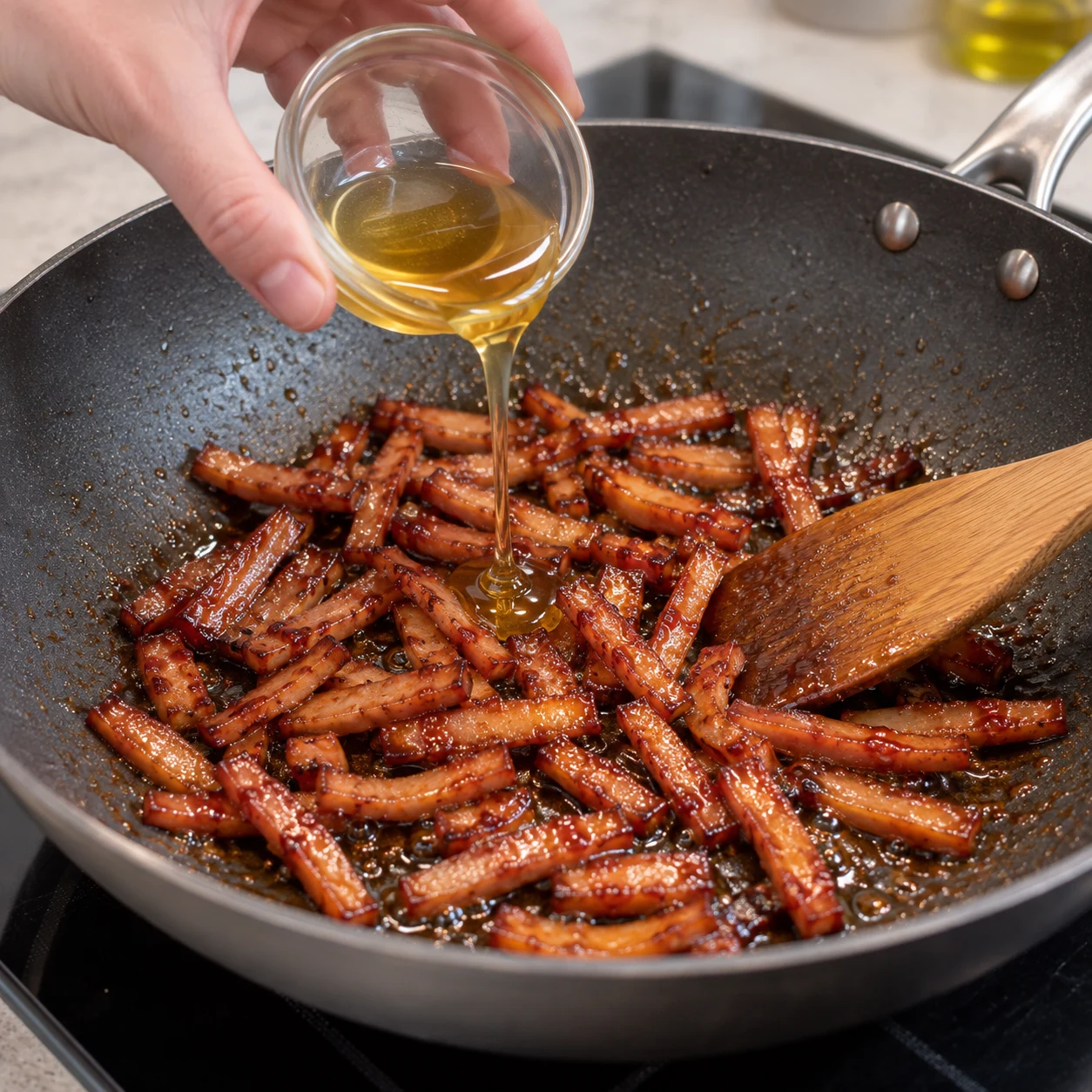 Petites lamelles allongées de lardons végétaux fumés brun rosé, jamais cubes ; lardons végétaux fumés luisants et caramélisés dans la poêle avec le sirop d’agave.