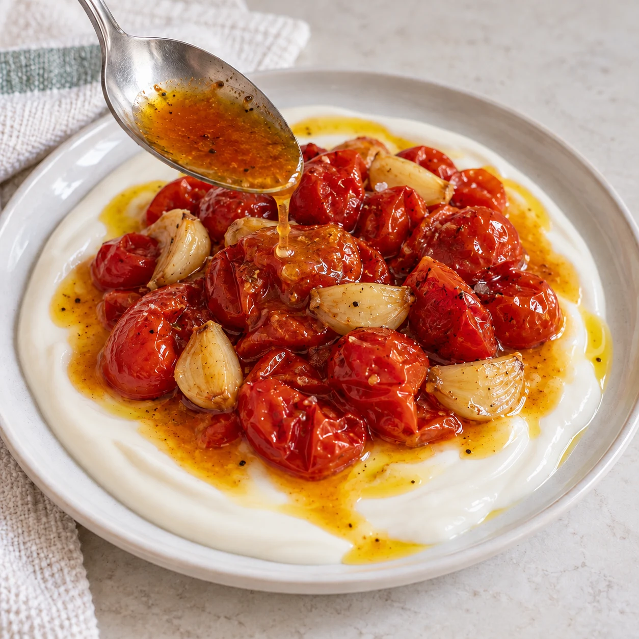 Verse un peu du jus de cuisson des tomates sur l’assiette.