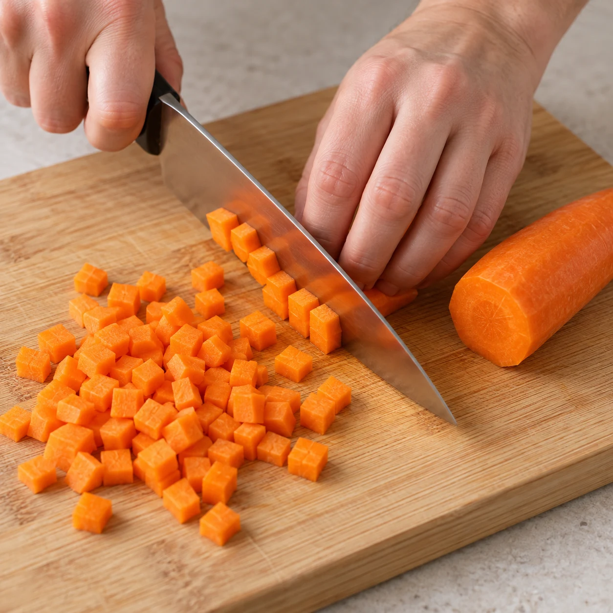 Coupez les 100 g de carotte en petits dés, comme ceux versés dans la recette d’origine.
