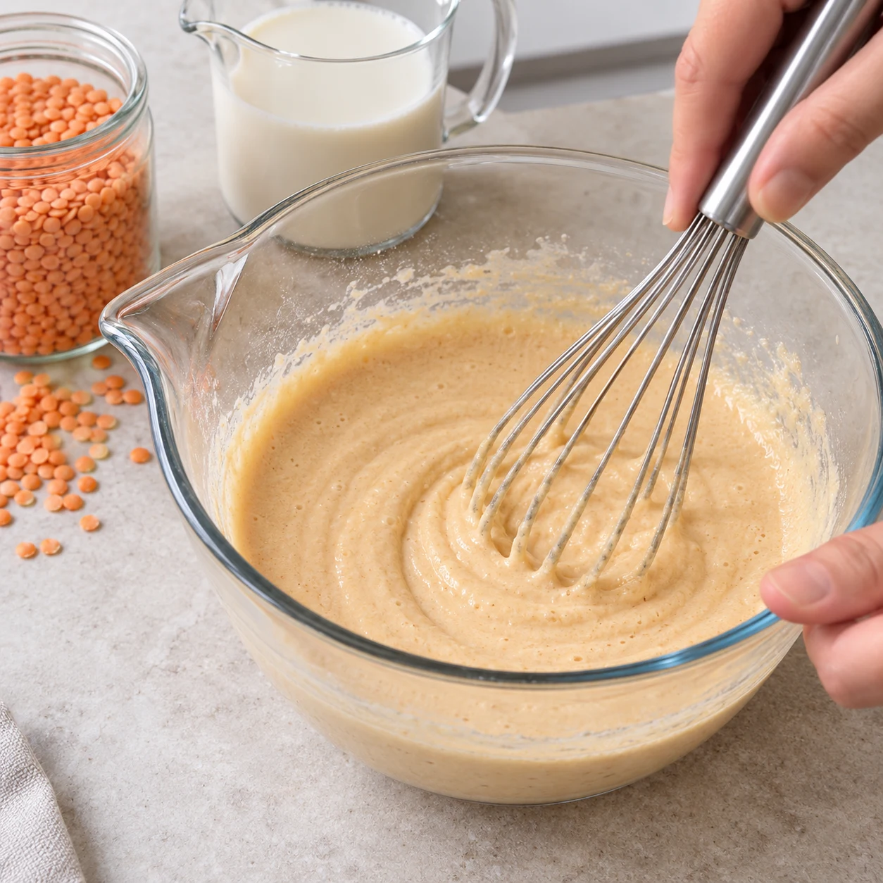 Fouet incorporant la boisson soja blanche à une farine de lentilles corail finement moulue, beige légèrement orangé.